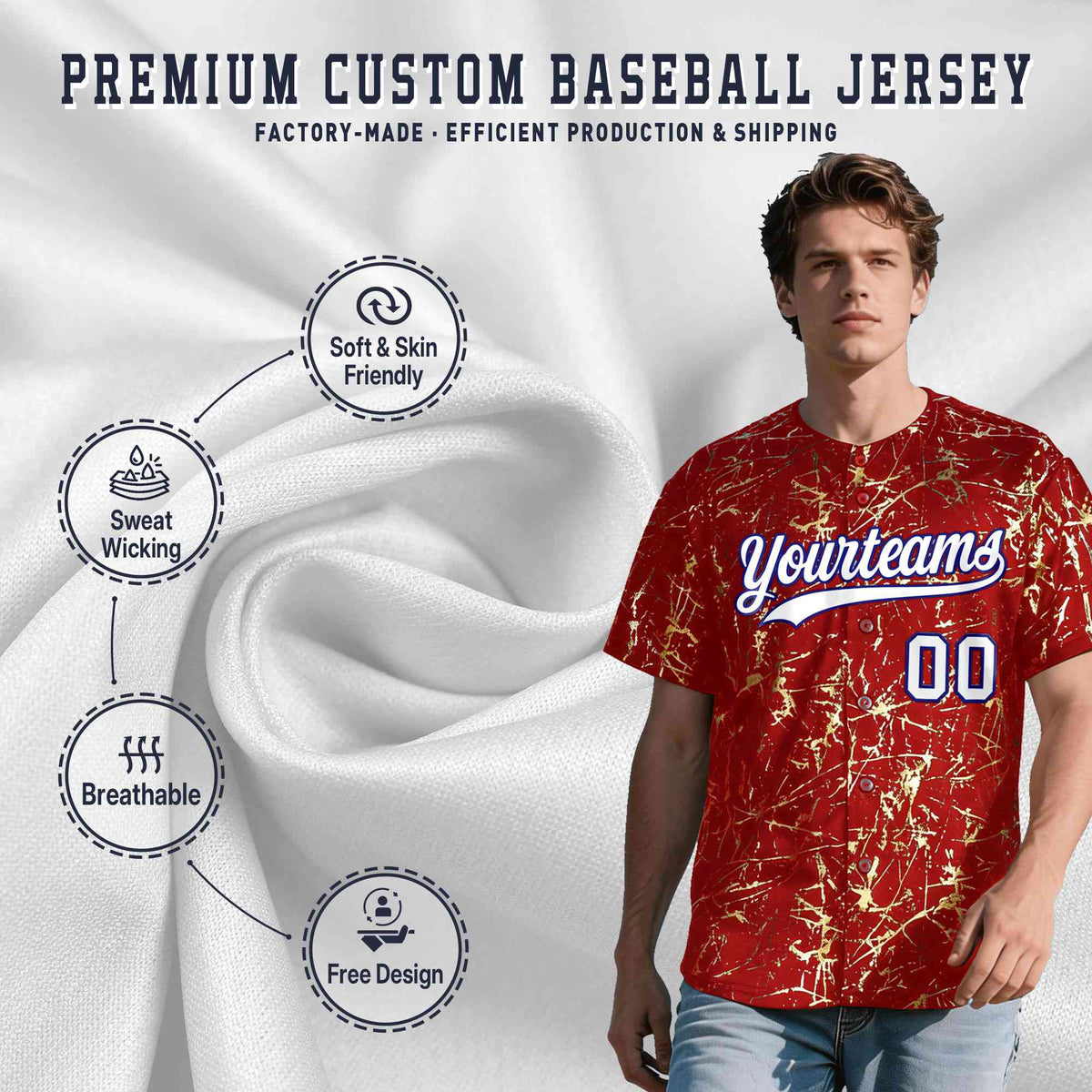 Custom Red White Black&amp;Shiny Gold Cracked Foil Hip Hop Button Down Baseball Jersey