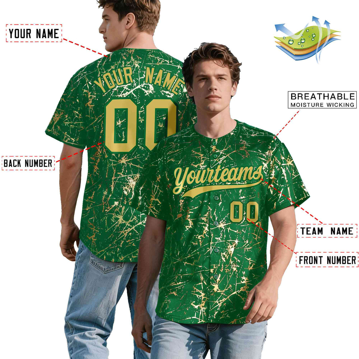 Custom Kelly Green Old Gold Black&amp;Shiny Gold Cracked Foil Hip Hop Button Down Baseball Jersey