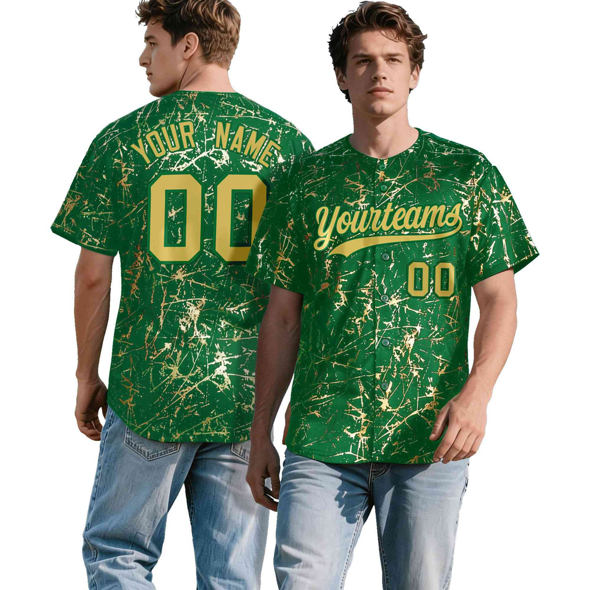 Custom Kelly Green Old Gold Black&amp;Shiny Gold Cracked Foil Hip Hop Button Down Baseball Jersey