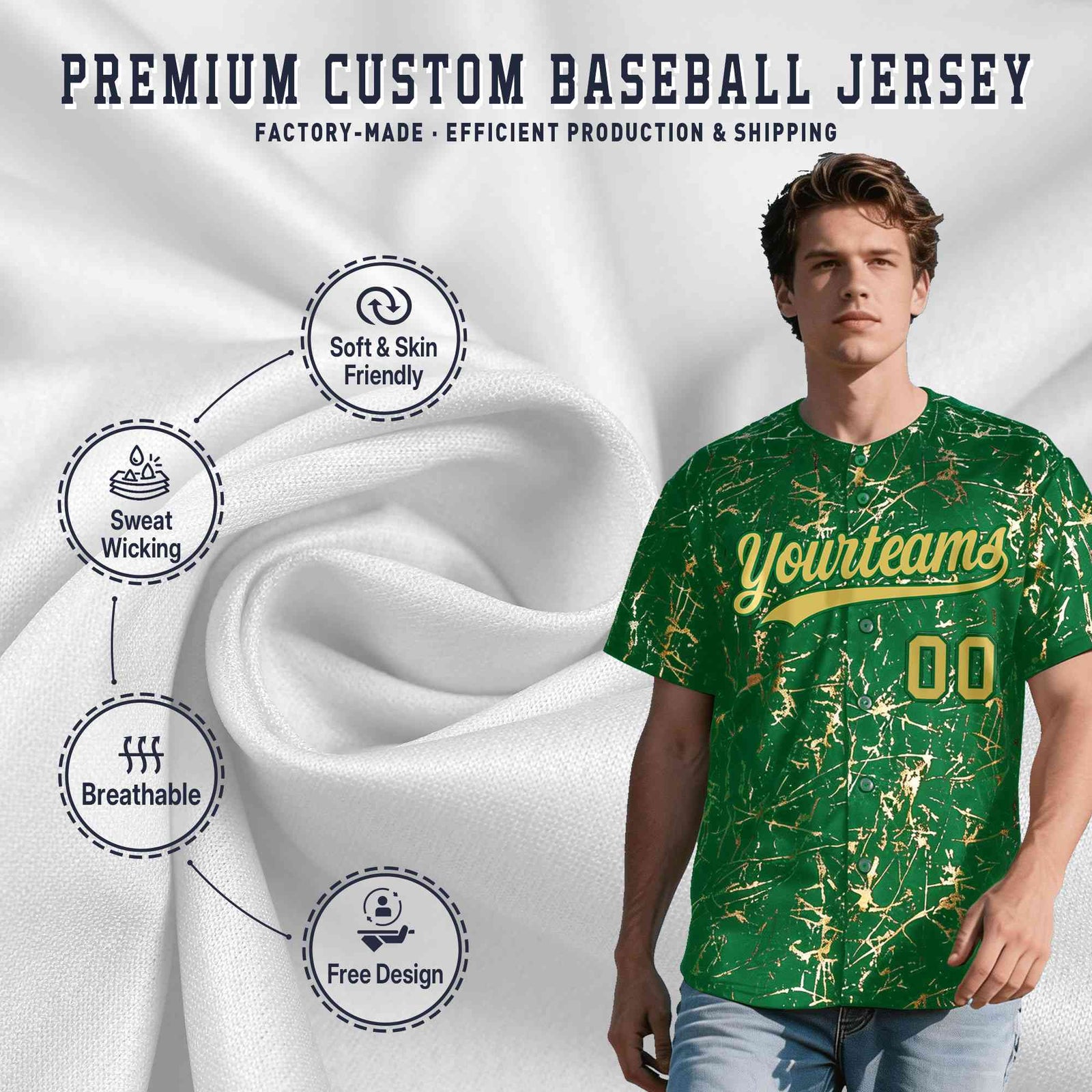 Custom Kelly Green Old Gold Black&Shiny Gold Cracked Foil Hip Hop Button Down Baseball Jersey