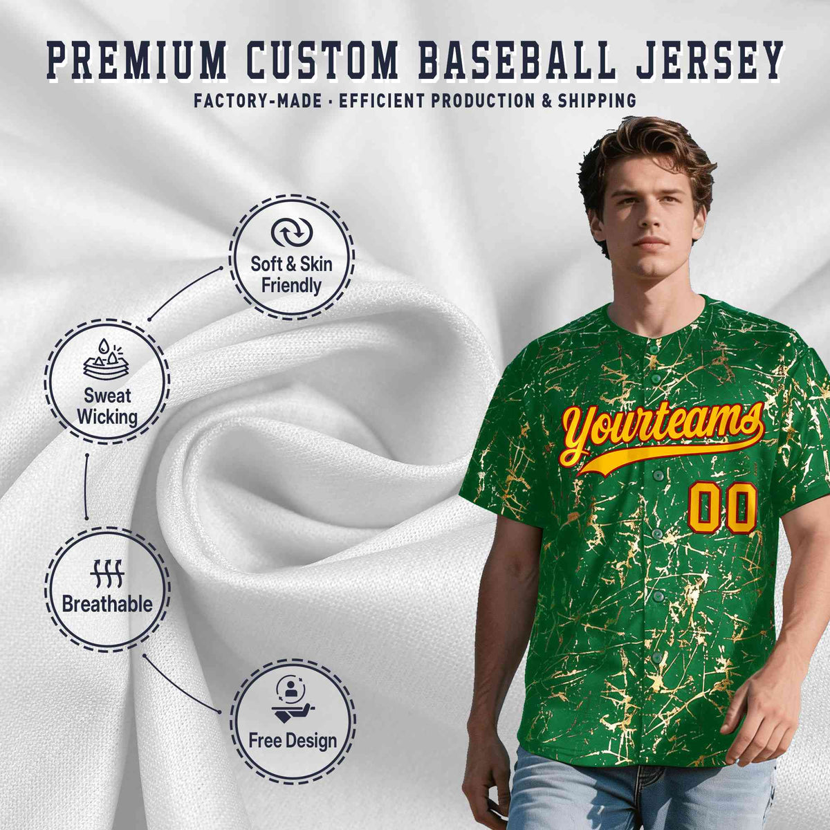 Custom Kelly Green Yellow Black&amp;Gold Marble Print Clubwear Party Streetwear Baseball Jersey