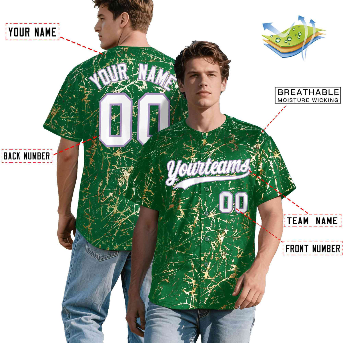 Custom Kelly Green White Black&amp;Shiny Gold Cracked Foil Breathable Mesh Streetwear Baseball Jersey
