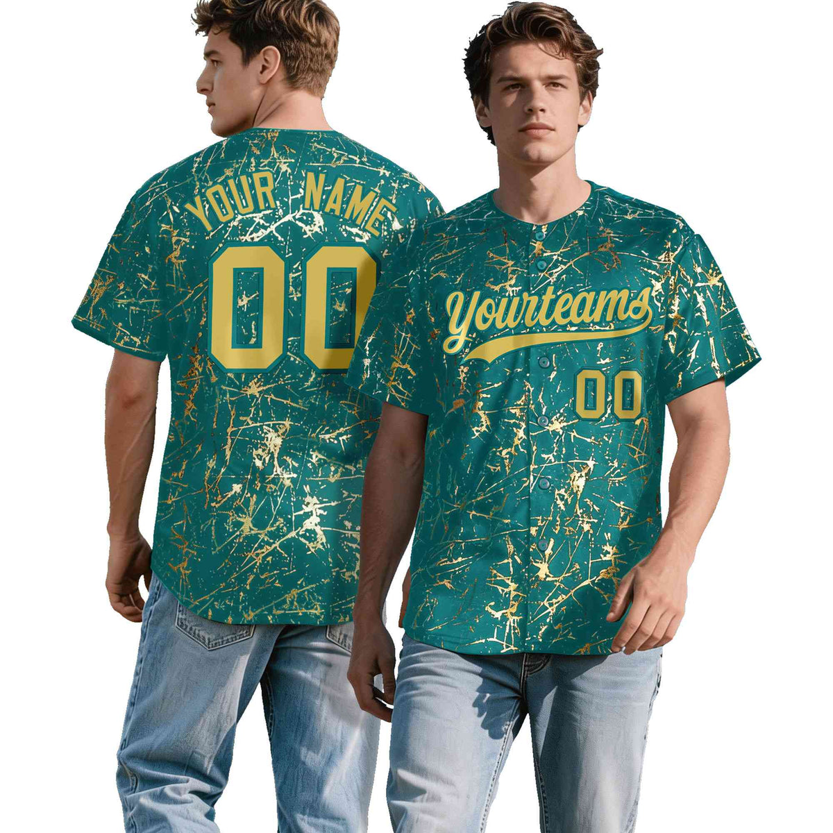 Custom Teal Old Gold Black&amp;Shiny Gold Cracked Foil Hip Hop Button Down Baseball Jersey