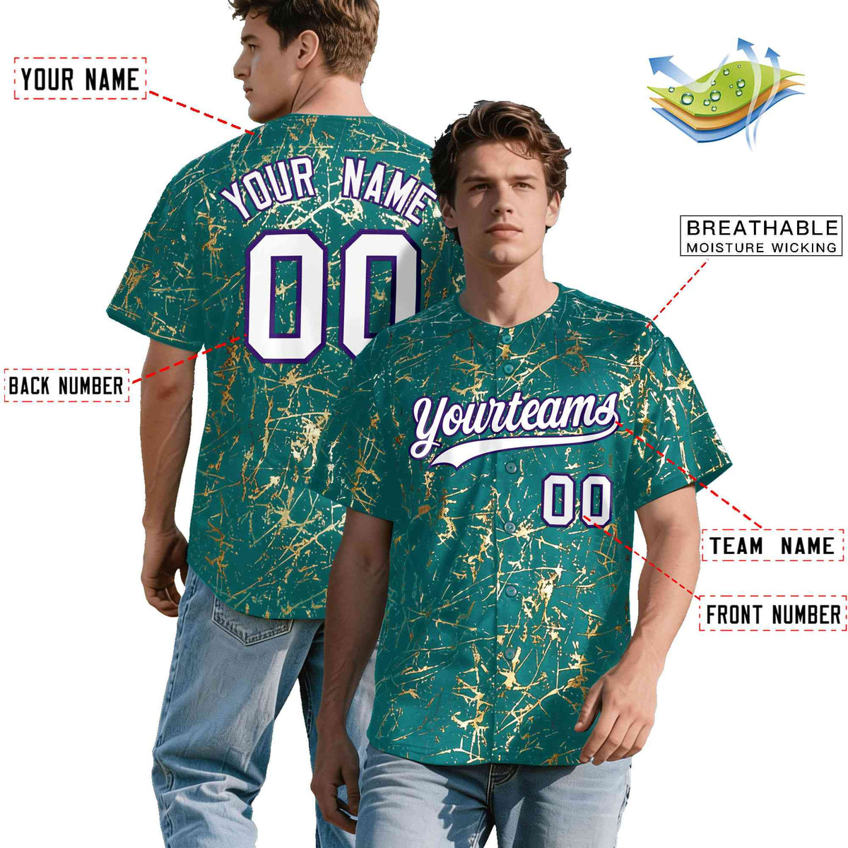 Custom Teal White Black&amp;Shiny Gold Cracked Foil Breathable Mesh Streetwear Baseball Jersey