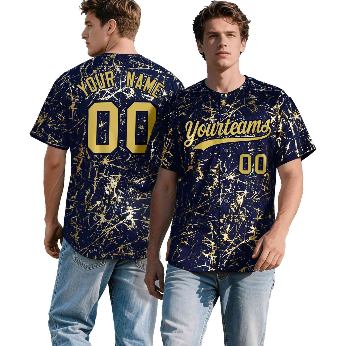Custom Navy Old Gold Black&amp;Shiny Gold Cracked Foil Hip Hop Button Down Baseball Jersey