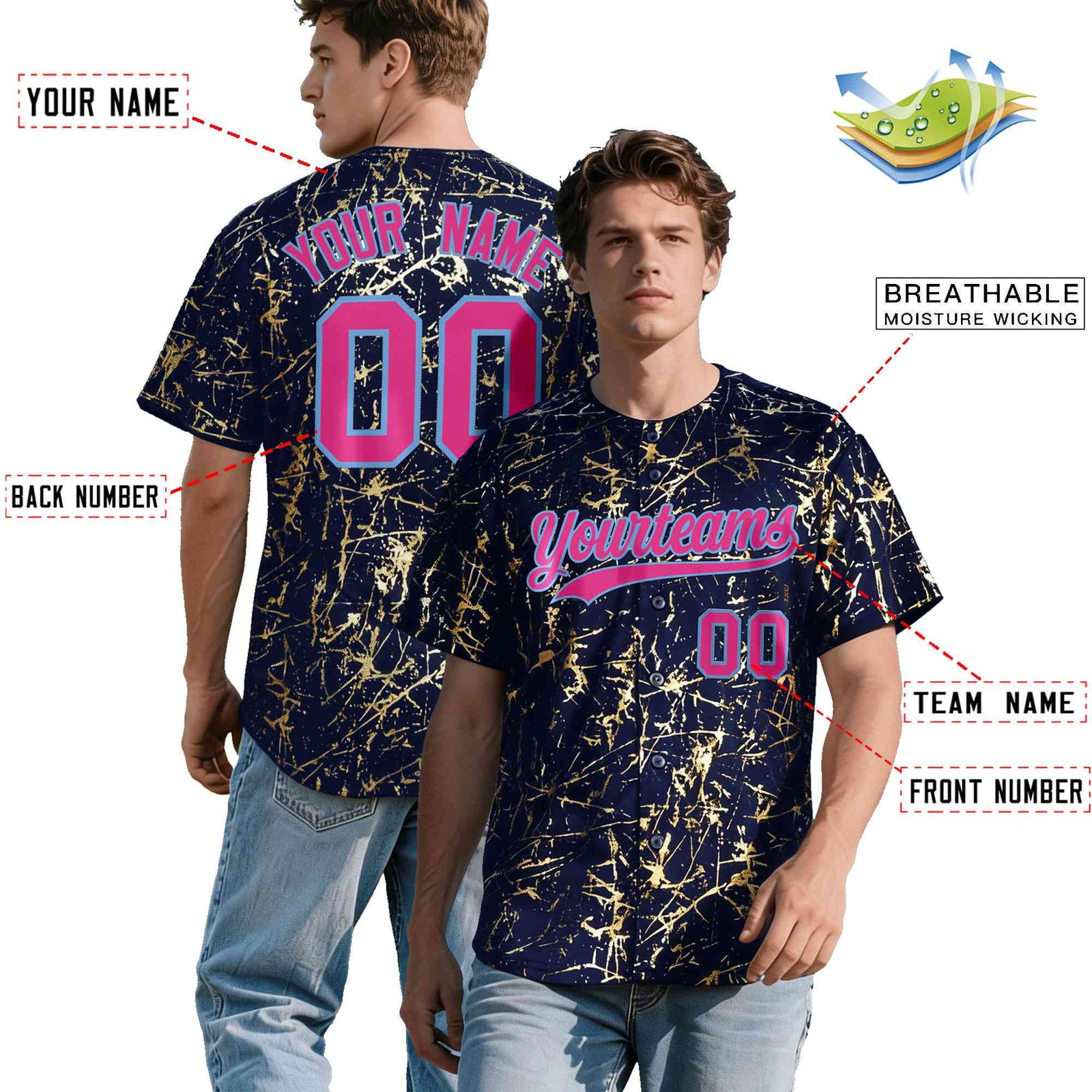 Custom Navy Rose Red Metallic Gold Splatter Breathable&Wrinkle-Resistant Baseball Jersey
