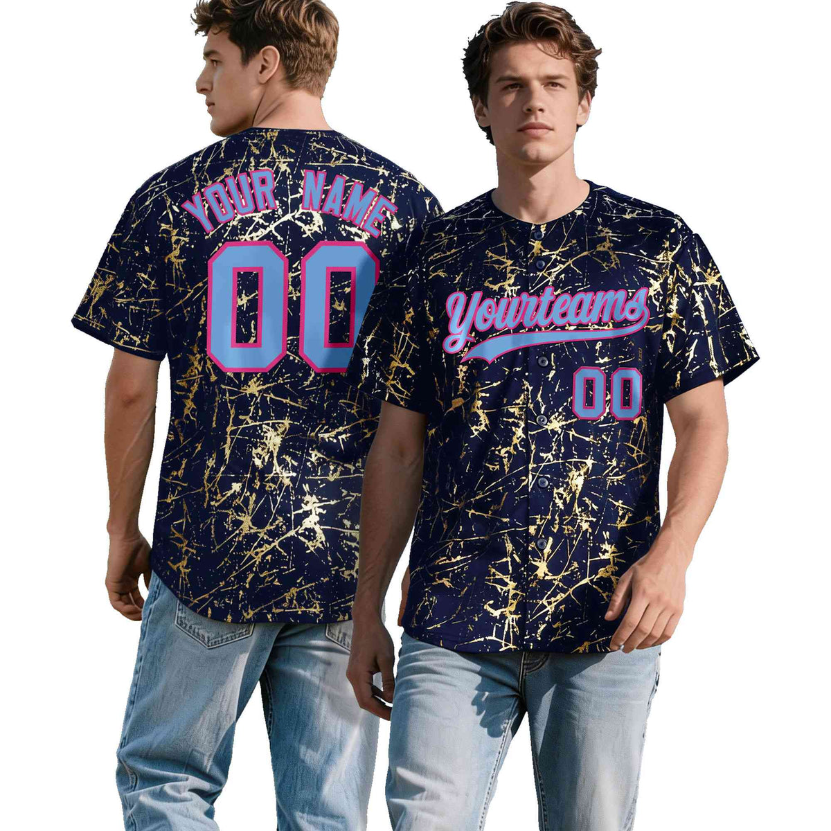 Custom Navy Powder Blue Black&amp;Gold Marble Print Clubwear Party Streetwear Baseball Jersey