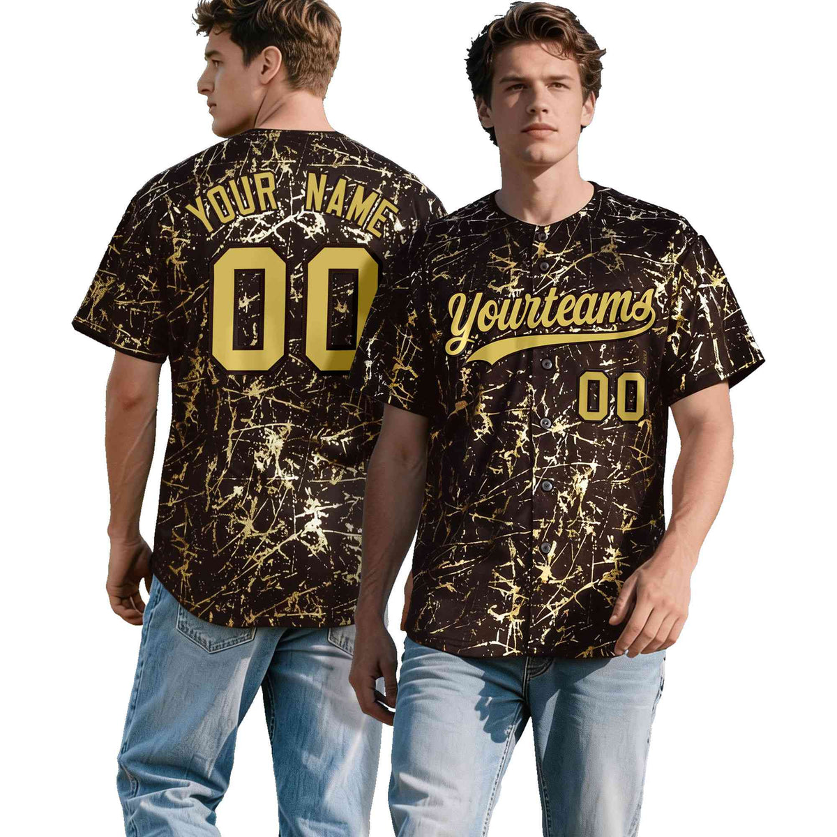 Custom Brown Old Gold Black&amp;Shiny Gold Cracked Foil Hip Hop Button Down Baseball Jersey
