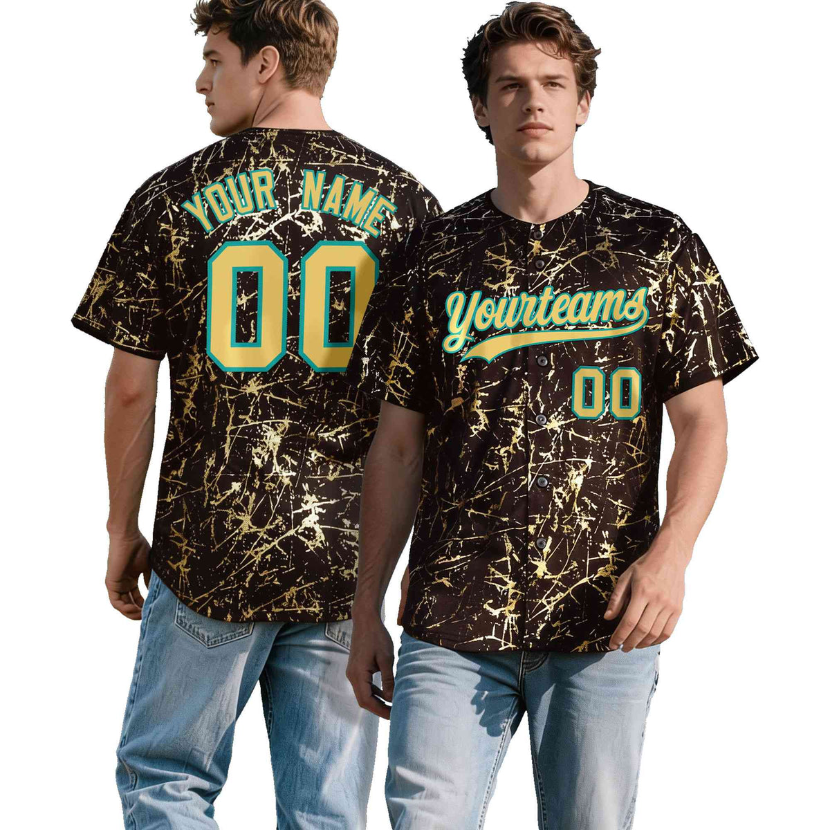 Custom Brown Khaki Black&amp;Gold Marble Print Clubwear Party Streetwear Baseball Jersey