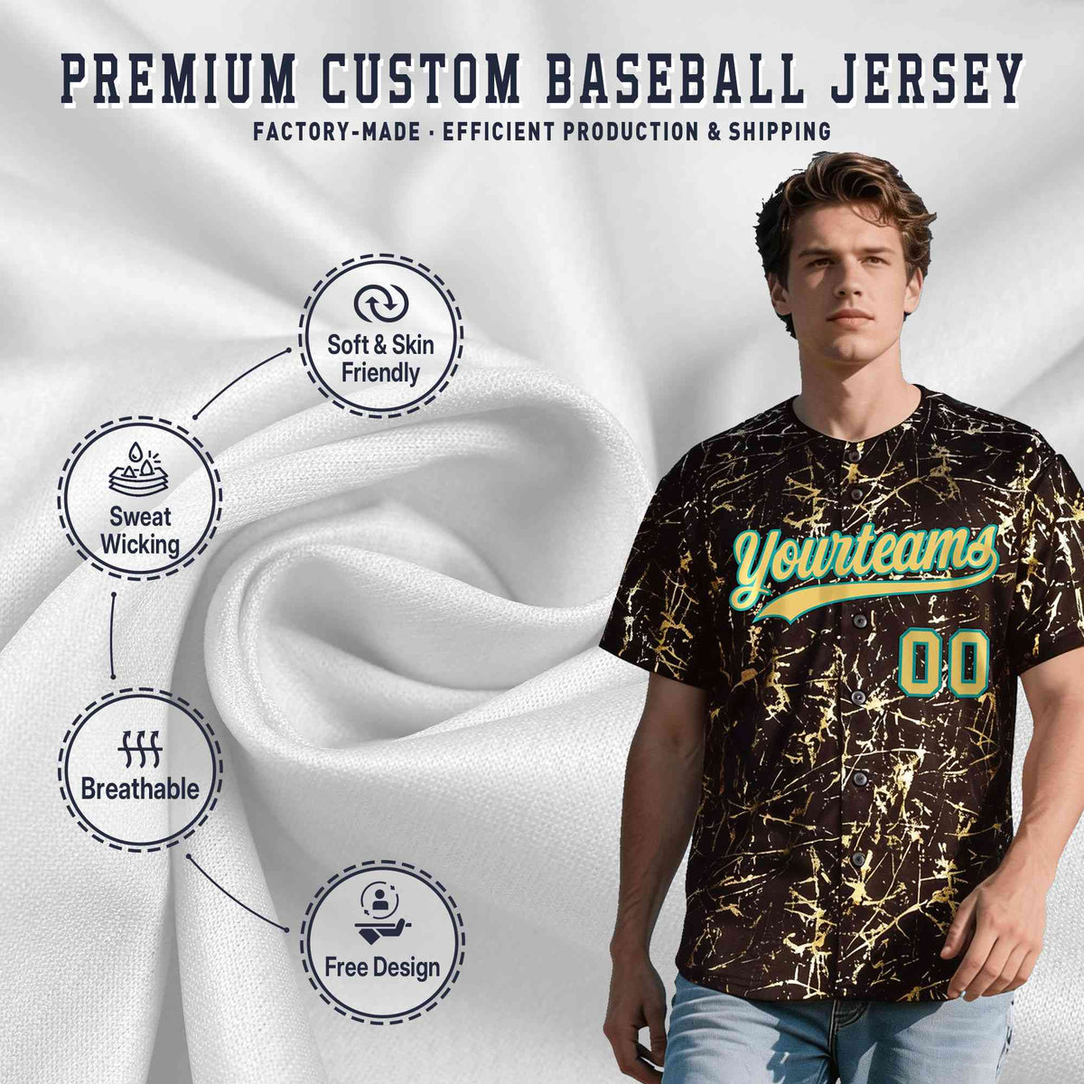 Custom Brown Khaki Black&amp;Gold Marble Print Clubwear Party Streetwear Baseball Jersey