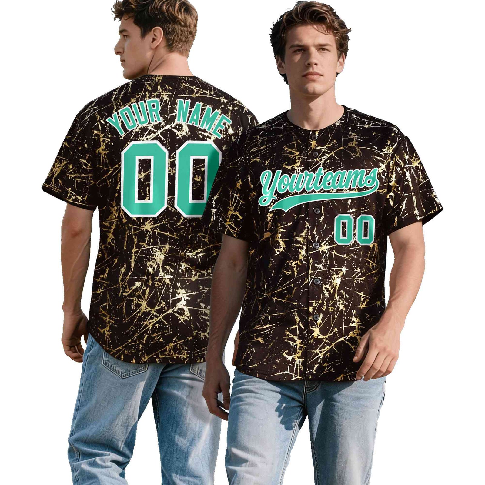 Custom Crimson Bright Green Metallic Gold Splatter Urban Streetwear Baseball Jersey