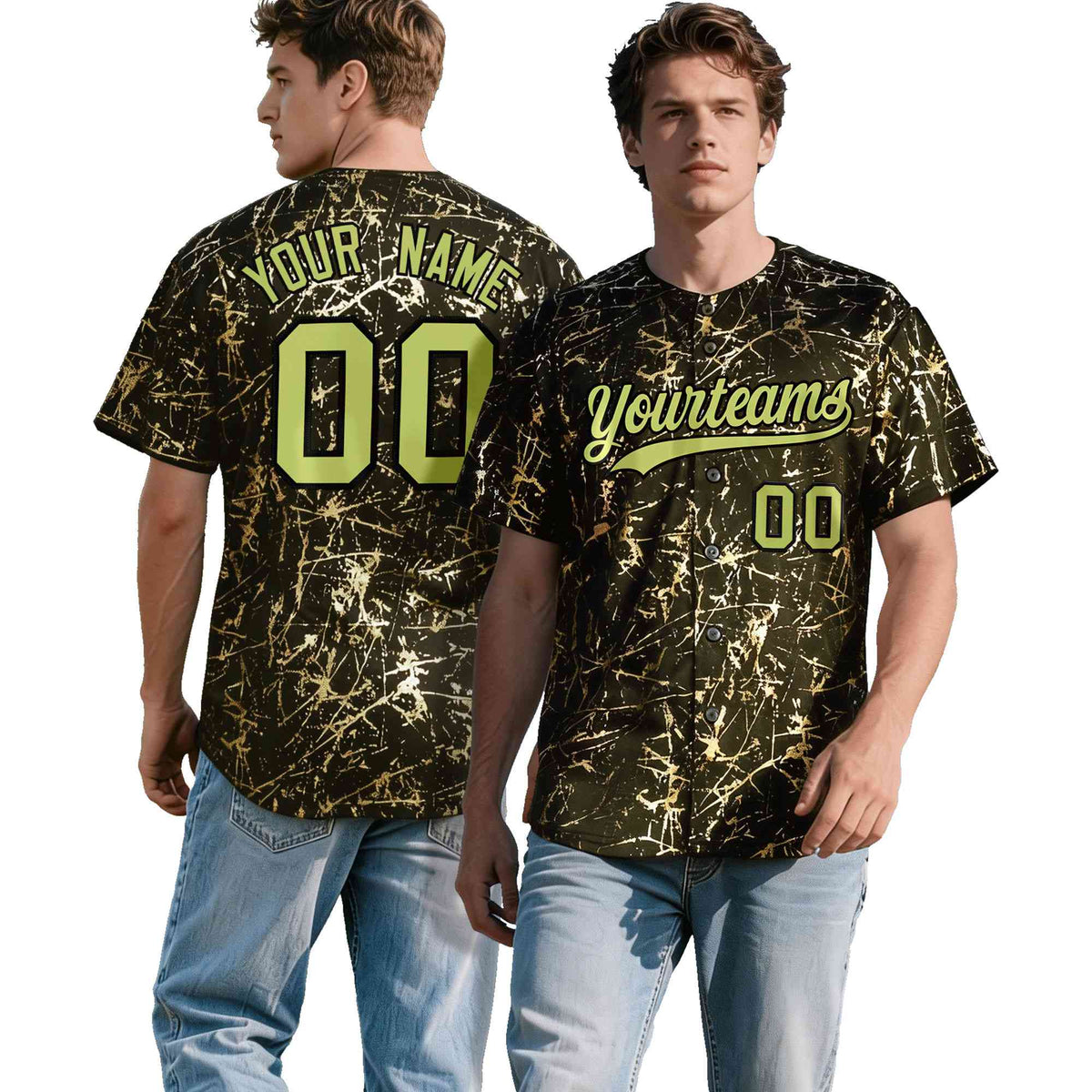 Custom Olive Champagne Black&amp;Gold Marble Print Clubwear Party Streetwear Baseball Jersey