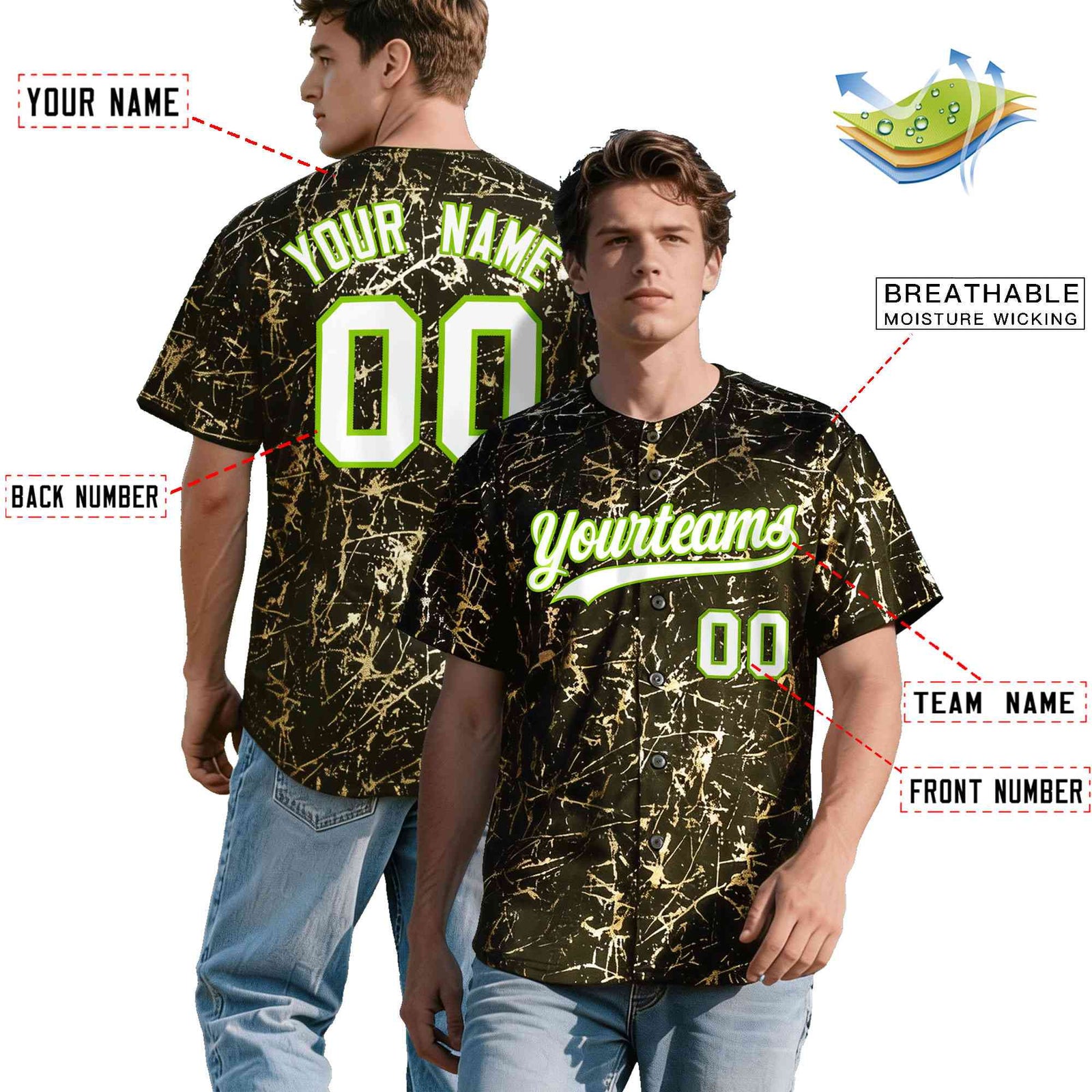 Custom Olive White Black&Shiny Gold Cracked Foil Breathable Mesh Streetwear Baseball Jersey