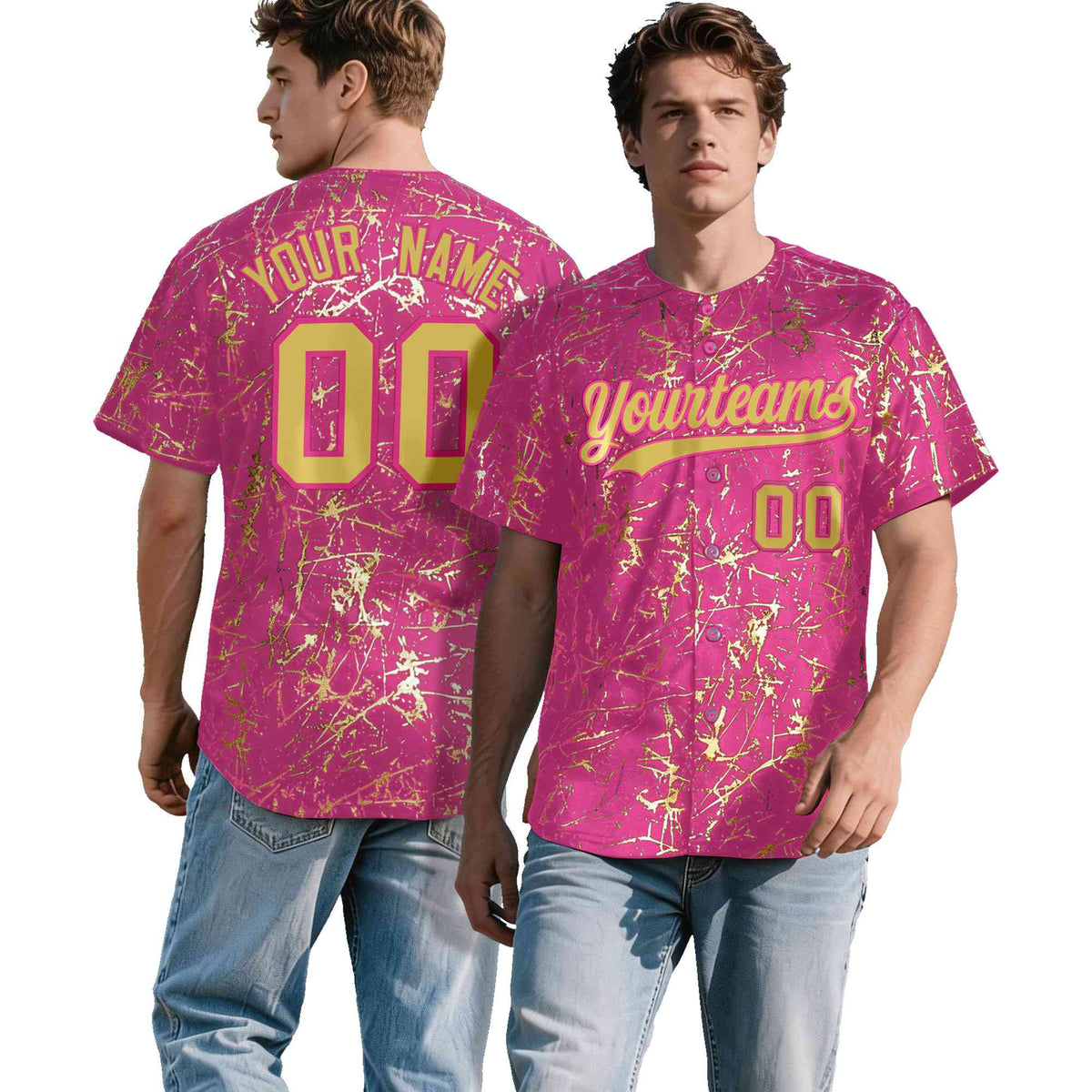 Custom Pink Old Gold Black&amp;Shiny Gold Cracked Foil Hip Hop Button Down Baseball Jersey