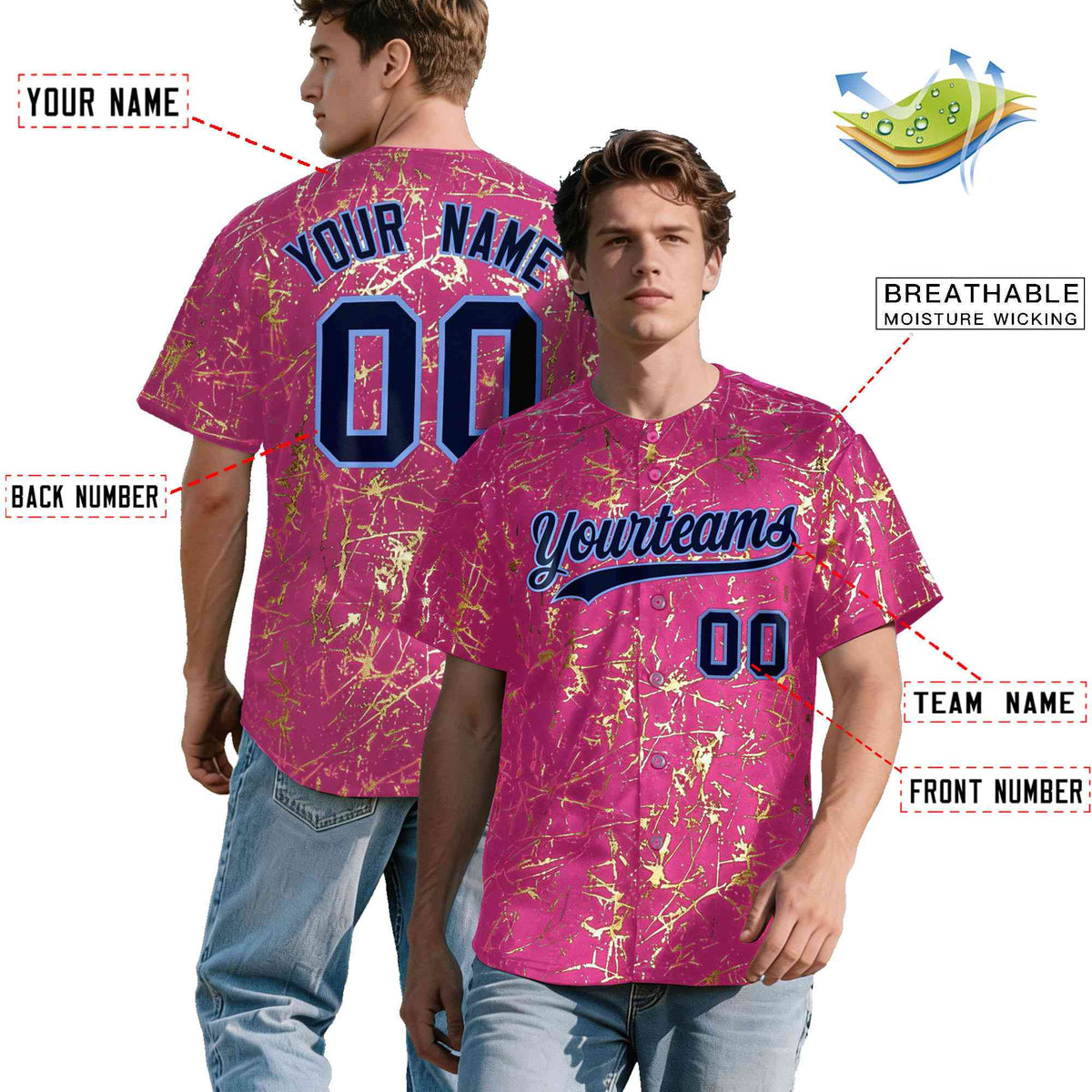Custom Pink Navy Metallic Gold Splatter Breathable&amp;Wrinkle-Resistant Baseball Jersey
