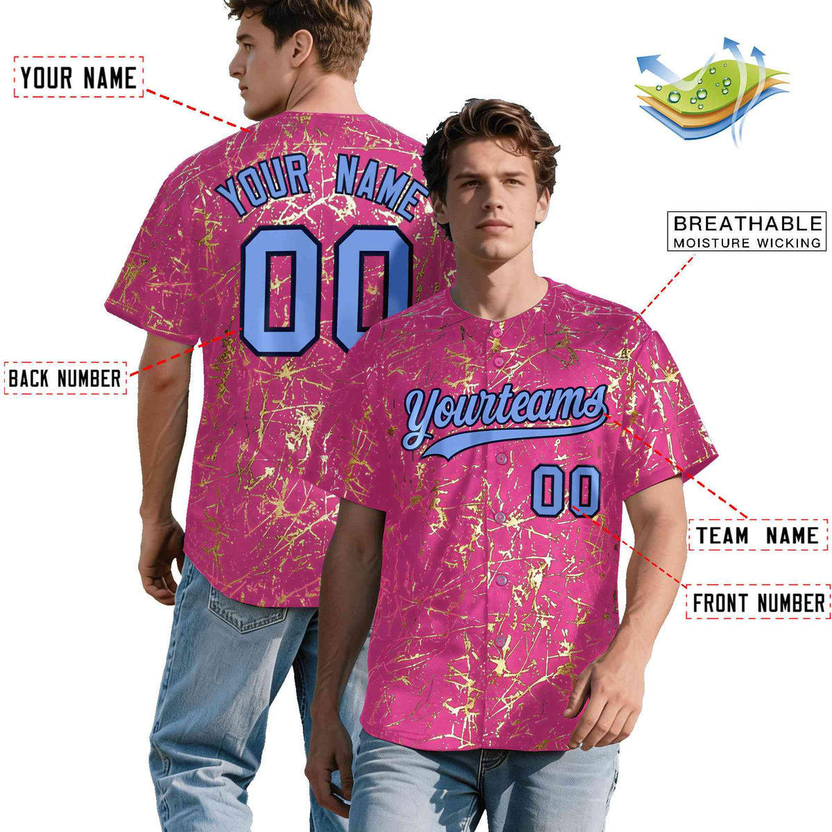 Custom Pink Light Blue Black&amp;Gold Marble Print Clubwear Party Streetwear Baseball Jersey