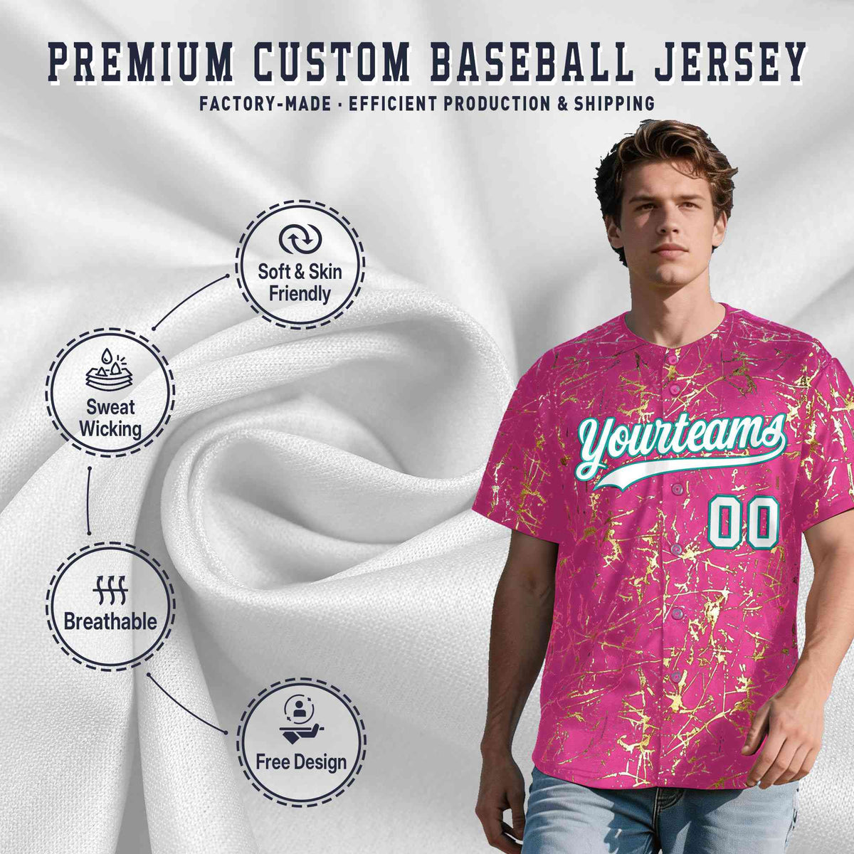 Custom Pink White Black&amp;Shiny Gold Cracked Foil Breathable Mesh Streetwear Baseball Jersey