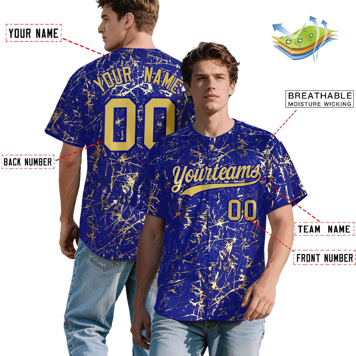 Custom Royal Old Gold Black&amp;Shiny Gold Cracked Foil Hip Hop Button Down Baseball Jersey