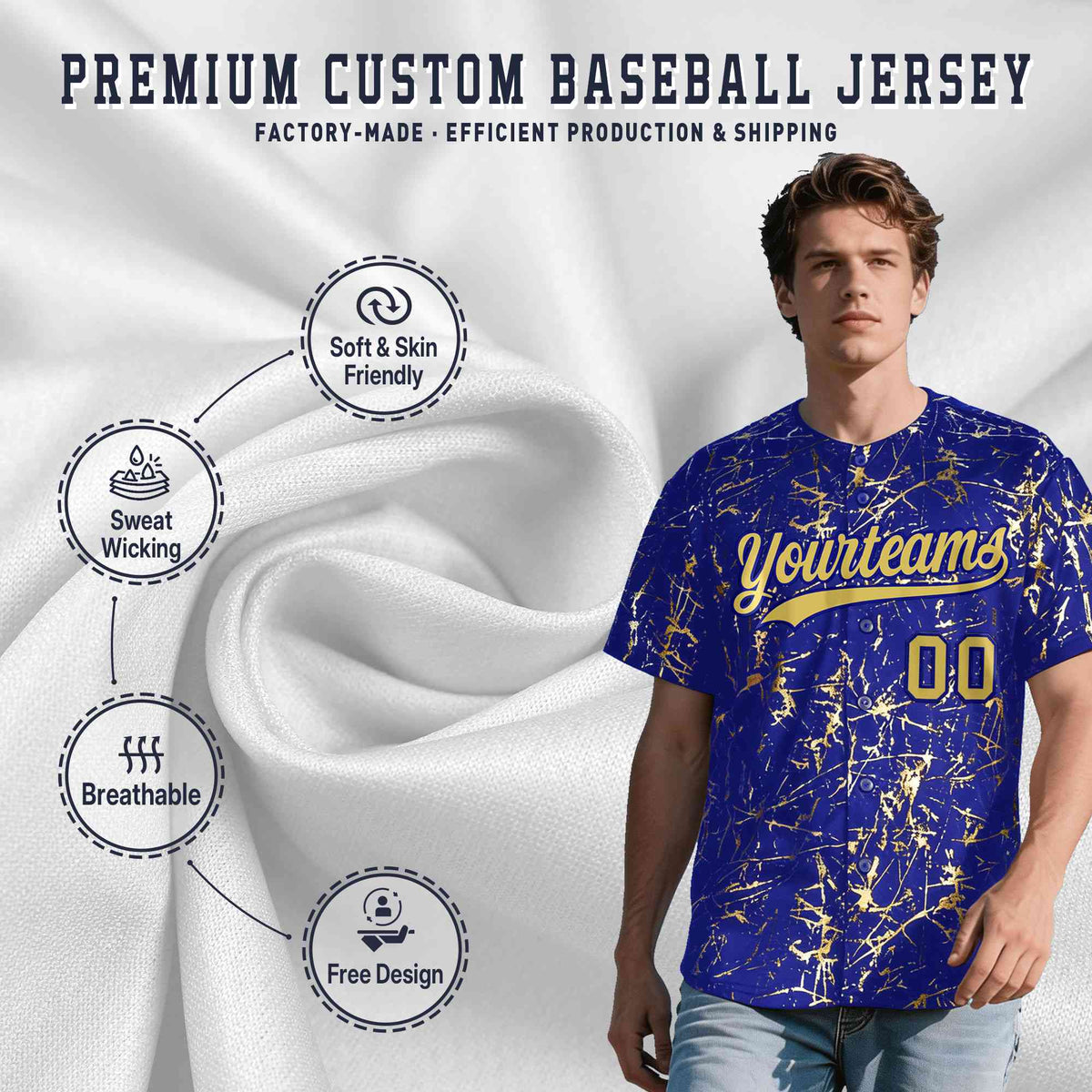 Custom Royal Old Gold Black&amp;Shiny Gold Cracked Foil Hip Hop Button Down Baseball Jersey