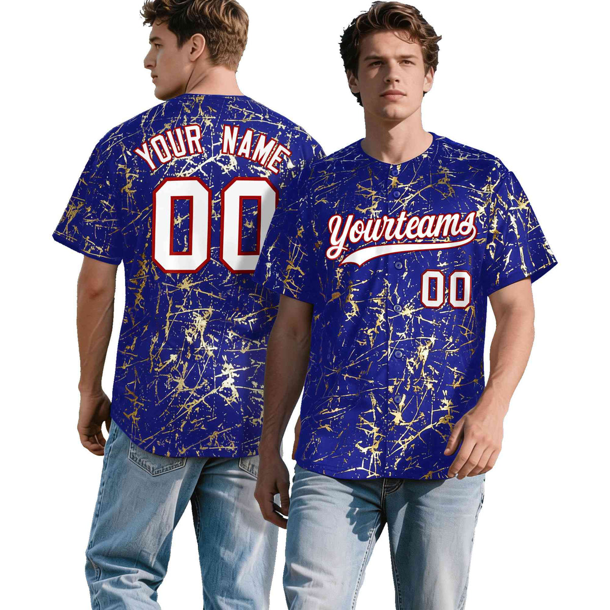 Custom Royal White Black&amp;Gold Marble Print Clubwear Party Streetwear Baseball Jersey