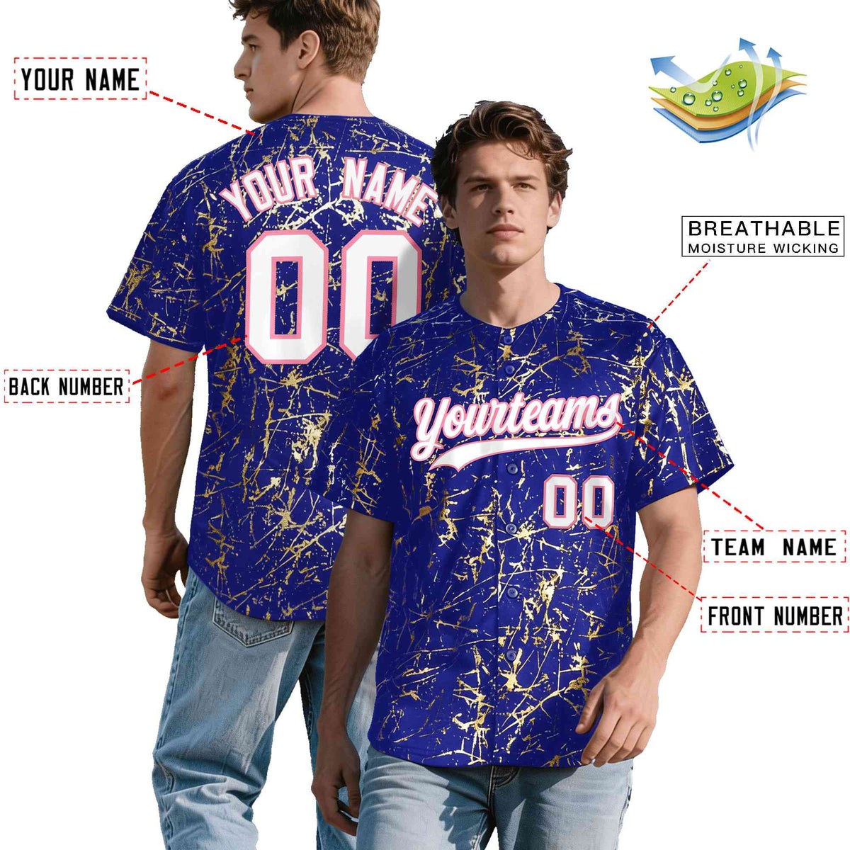 Custom Royal White Black&amp;Shiny Gold Cracked Foil Breathable Mesh Streetwear Baseball Jersey