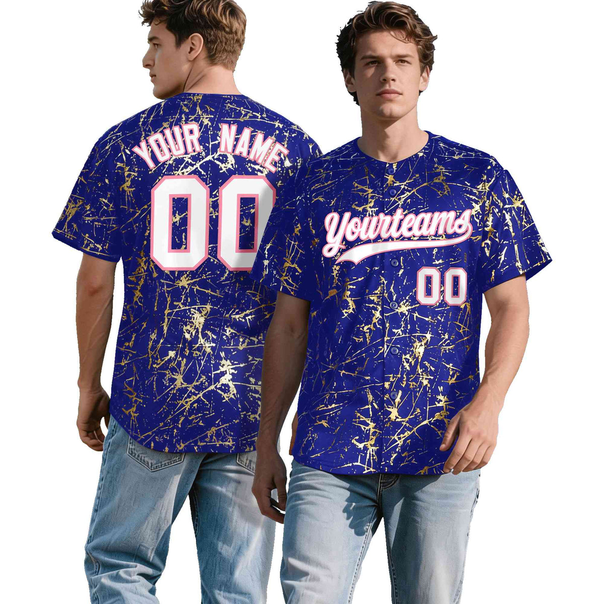 Custom Royal White Black&amp;Shiny Gold Cracked Foil Breathable Mesh Streetwear Baseball Jersey