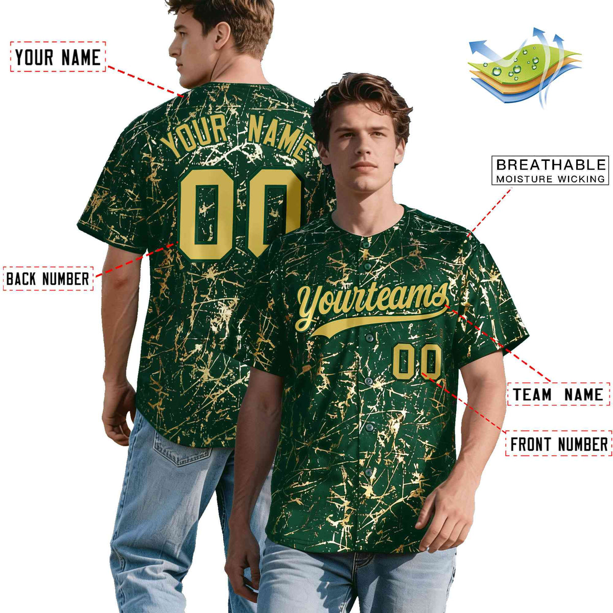 Custom Green Old Gold Black&amp;Shiny Gold Cracked Foil Hip Hop Button Down Baseball Jersey