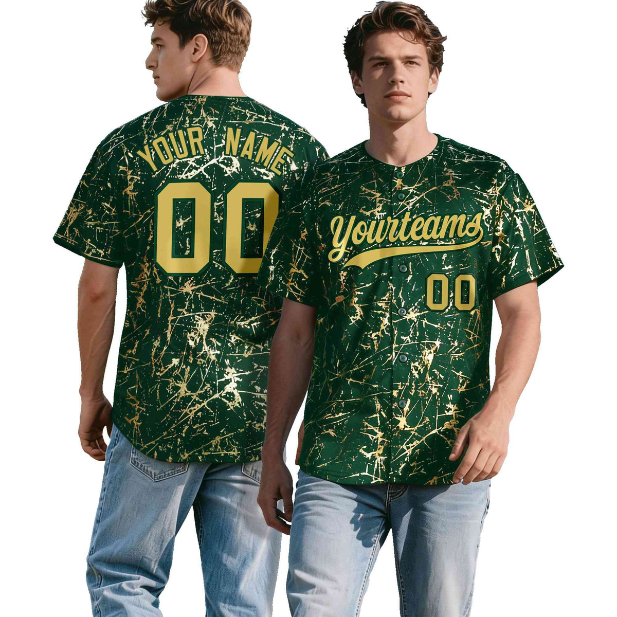 Custom Green Old Gold Black&amp;Shiny Gold Cracked Foil Hip Hop Button Down Baseball Jersey