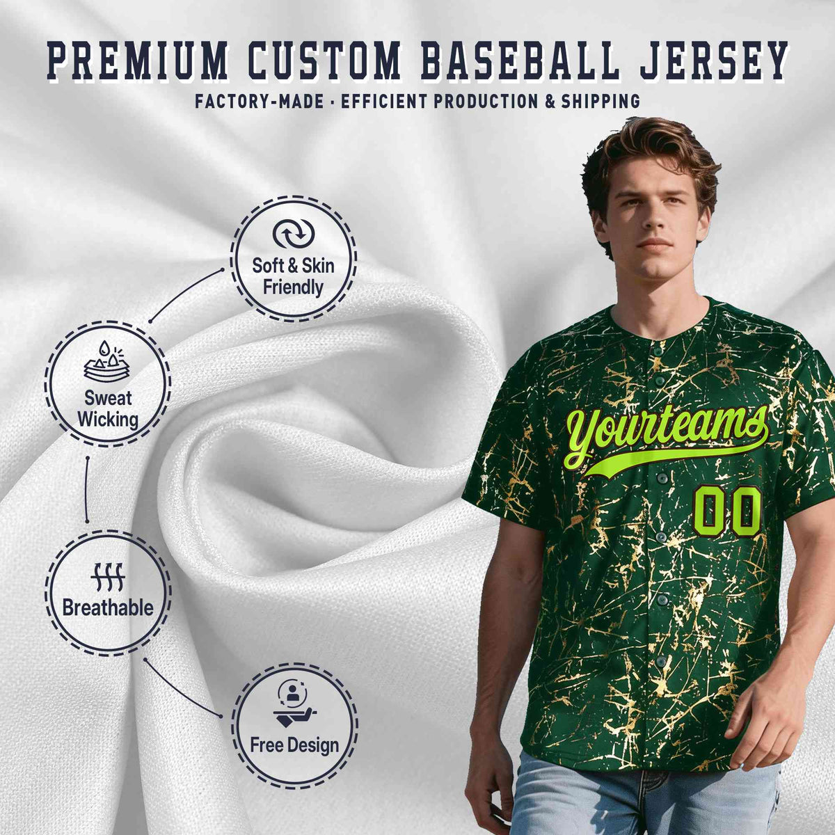 Custom Green Neon Green Black&amp;Gold Marble Print Clubwear Party Streetwear Baseball Jersey