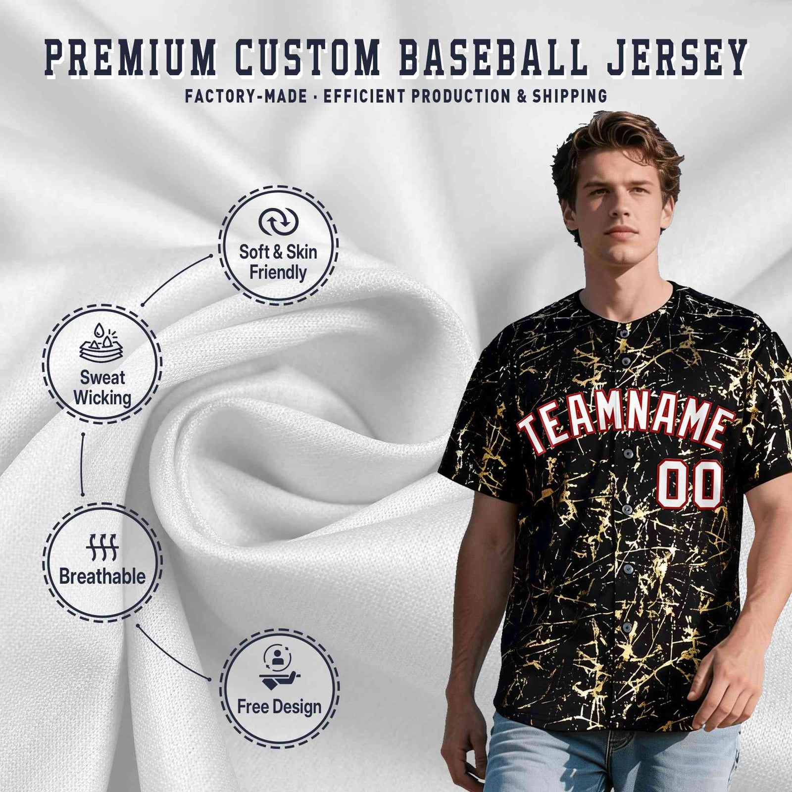Custom Black White Black&Gold Marble Print Clubwear Party Streetwear Baseball Jersey