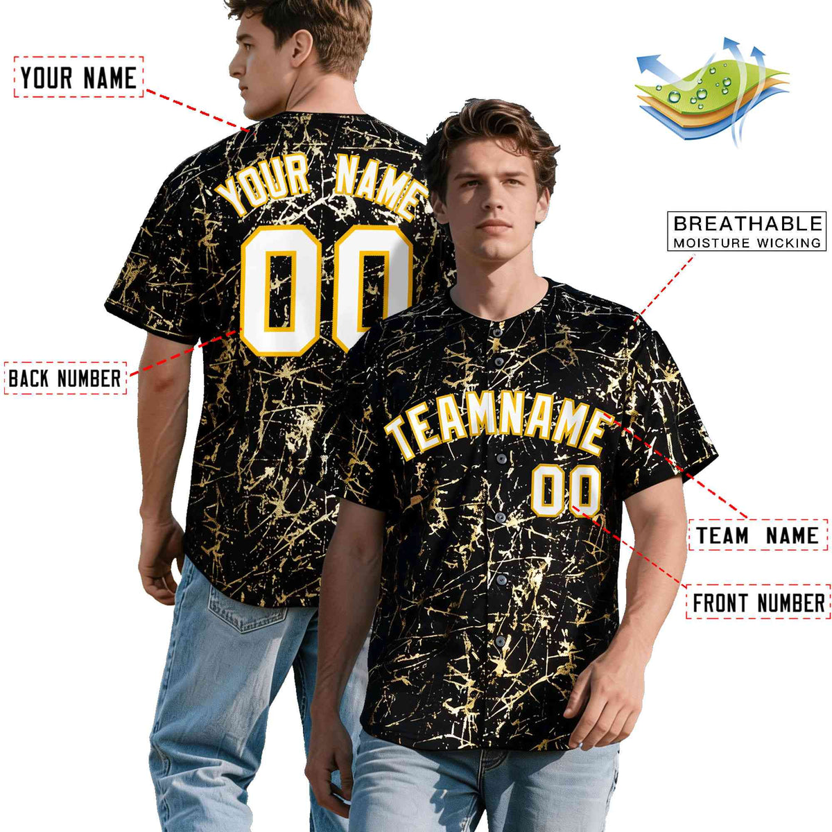Custom Black White Black&amp;Shiny Gold Cracked Foil Hip Hop Button Down Baseball Jersey