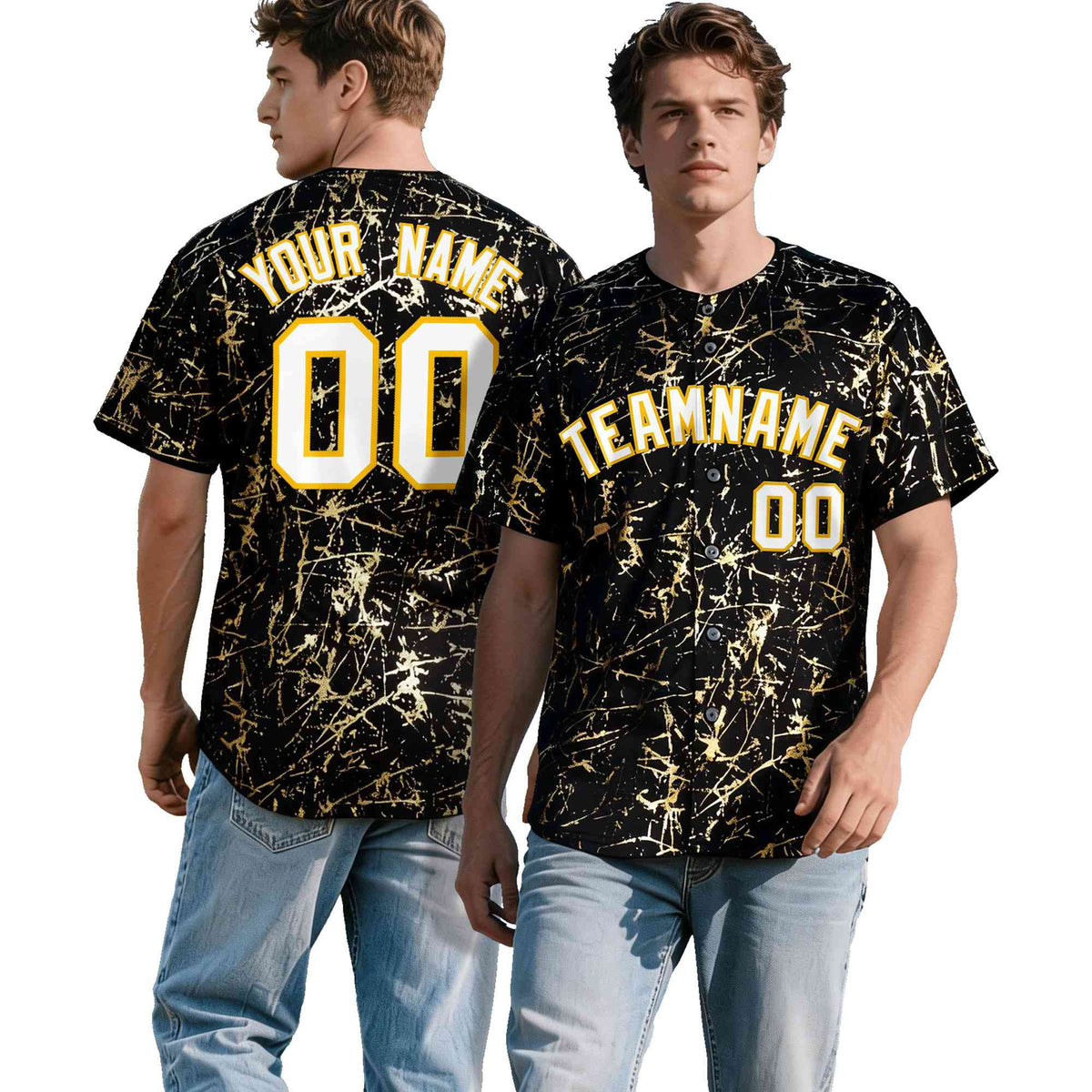 Custom Black White Black&amp;Shiny Gold Cracked Foil Hip Hop Button Down Baseball Jersey