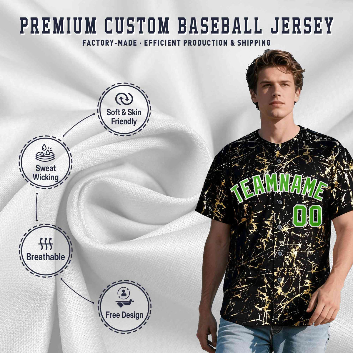 Custom Black Light Green Metallic Gold Splatter Breathable&amp;Wrinkle-Resistant Baseball Jersey