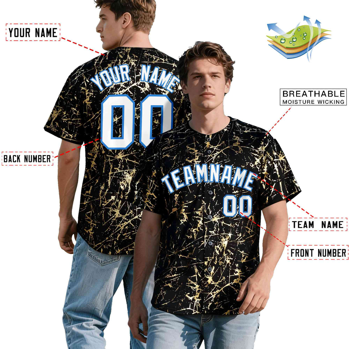 Custom Black White Black&amp;Shiny Gold Cracked Foil Hip Hop Button Down Baseball Jersey