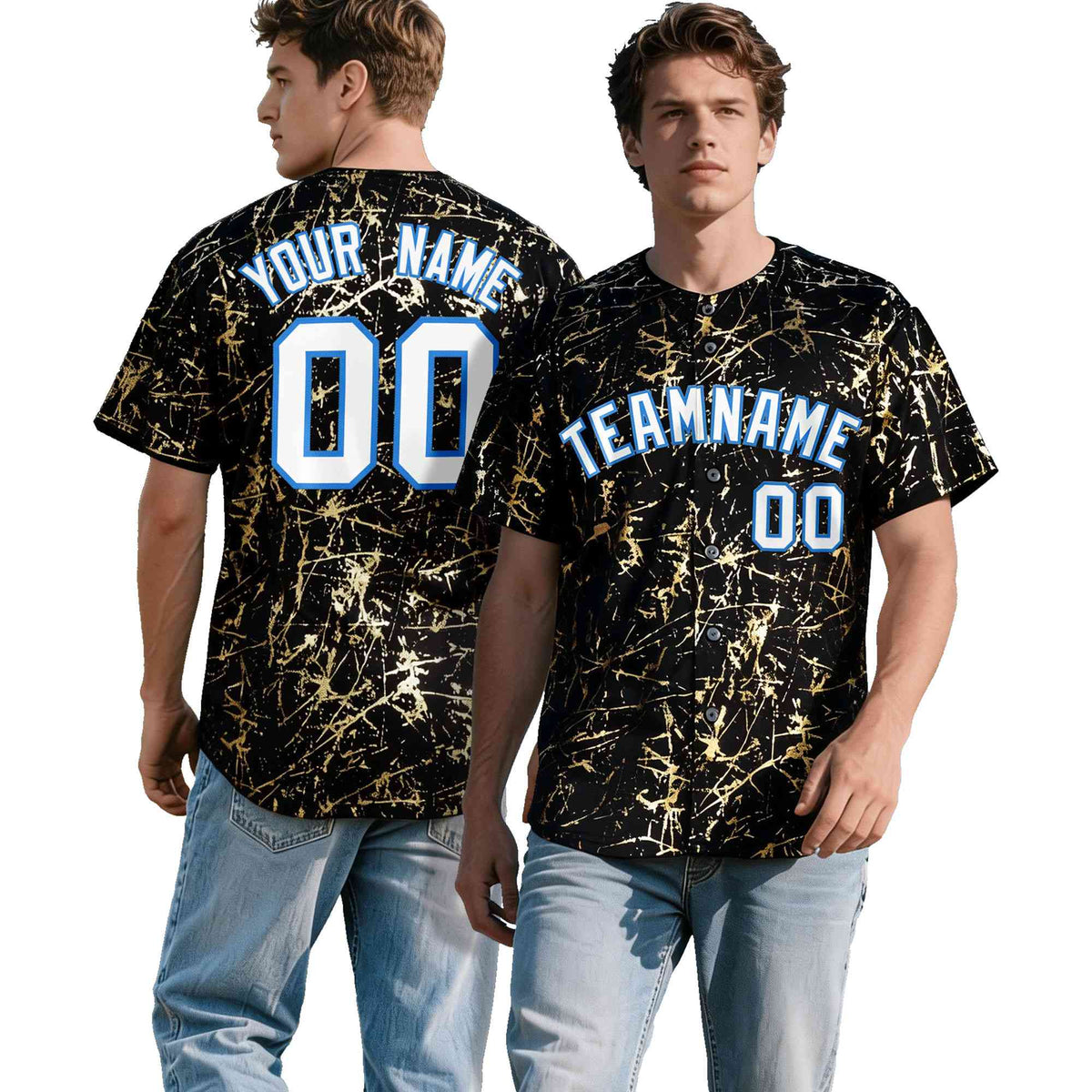 Custom Black White Black&amp;Shiny Gold Cracked Foil Hip Hop Button Down Baseball Jersey