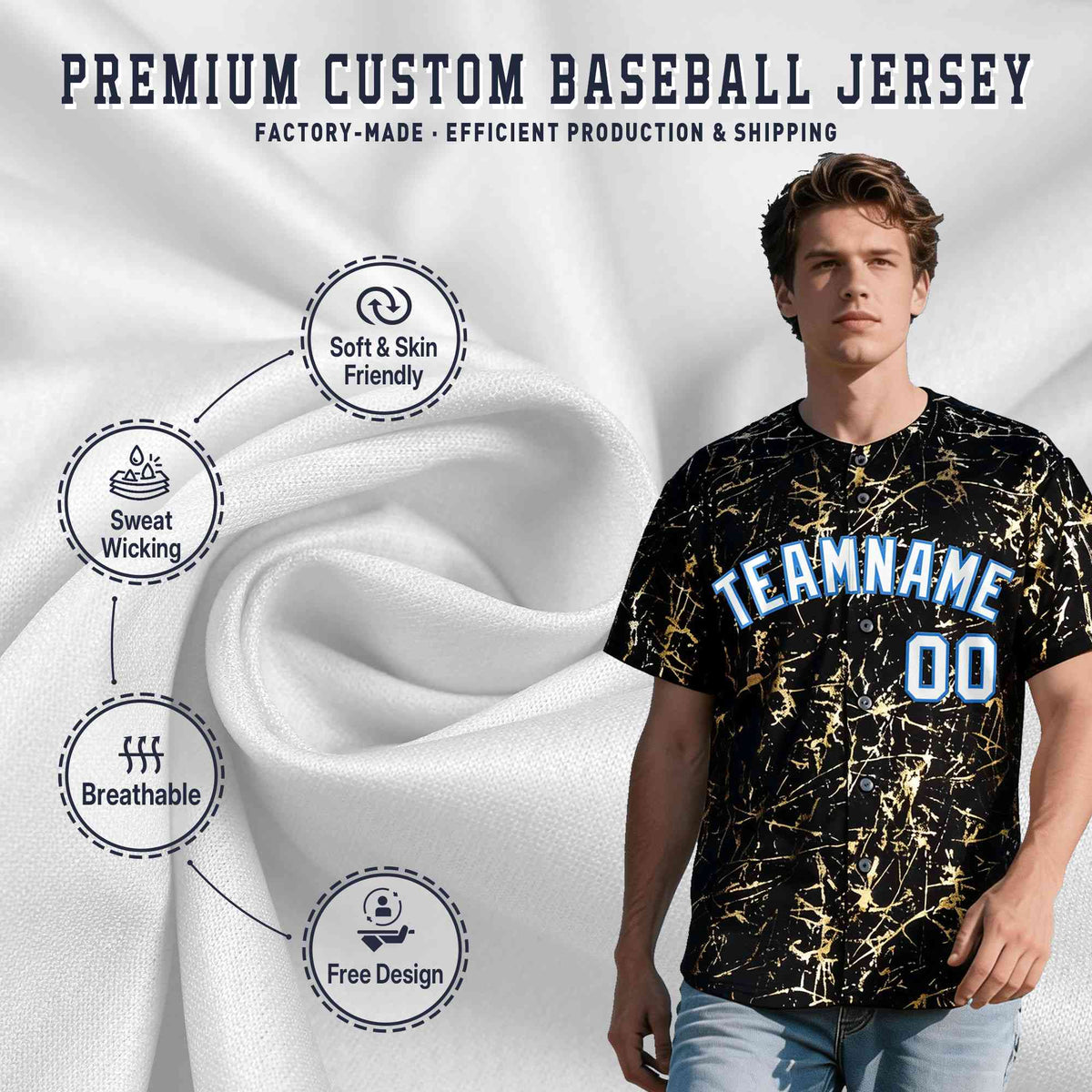 Custom Black White Black&amp;Shiny Gold Cracked Foil Hip Hop Button Down Baseball Jersey