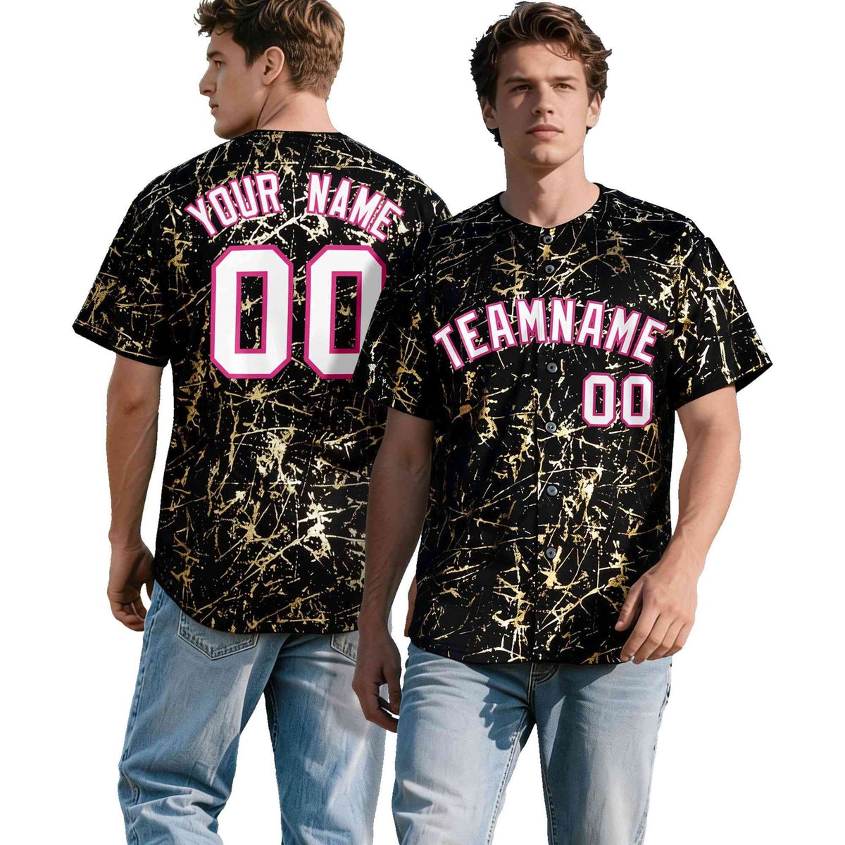 Custom Black White Black&amp;Shiny Gold Cracked Foil Hip Hop Button Down Baseball Jersey