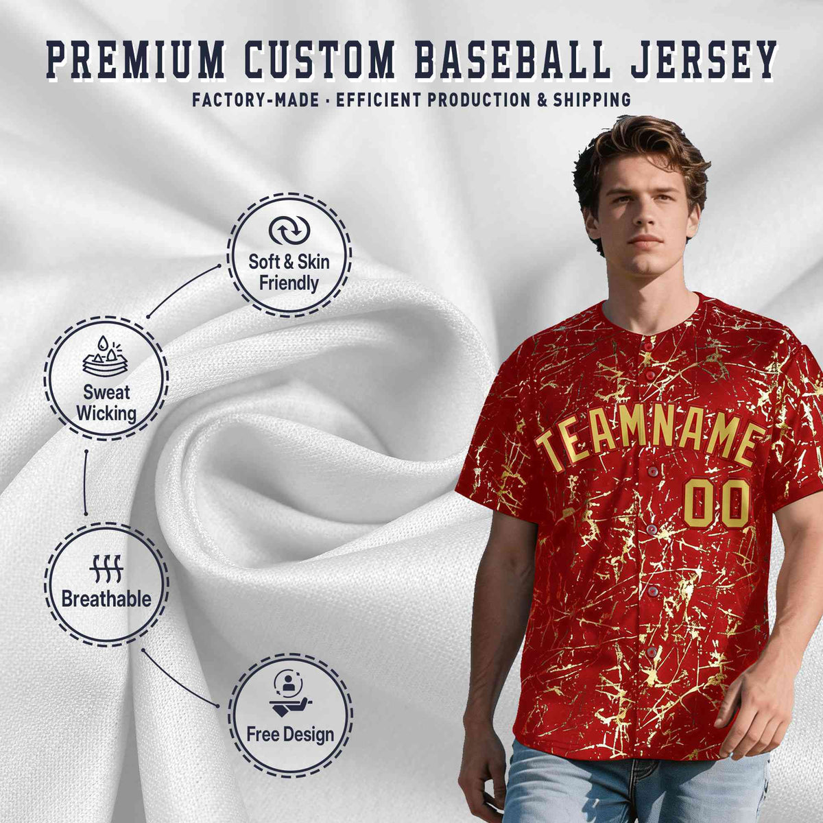 Custom Red Old Gold Black&amp;Gold Marble Print Clubwear Party Streetwear Baseball Jersey
