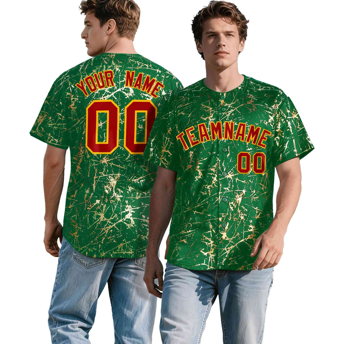 Custom Kelly Green Red Metallic Gold Splatter Breathable&amp;Wrinkle-Resistant Baseball Jersey