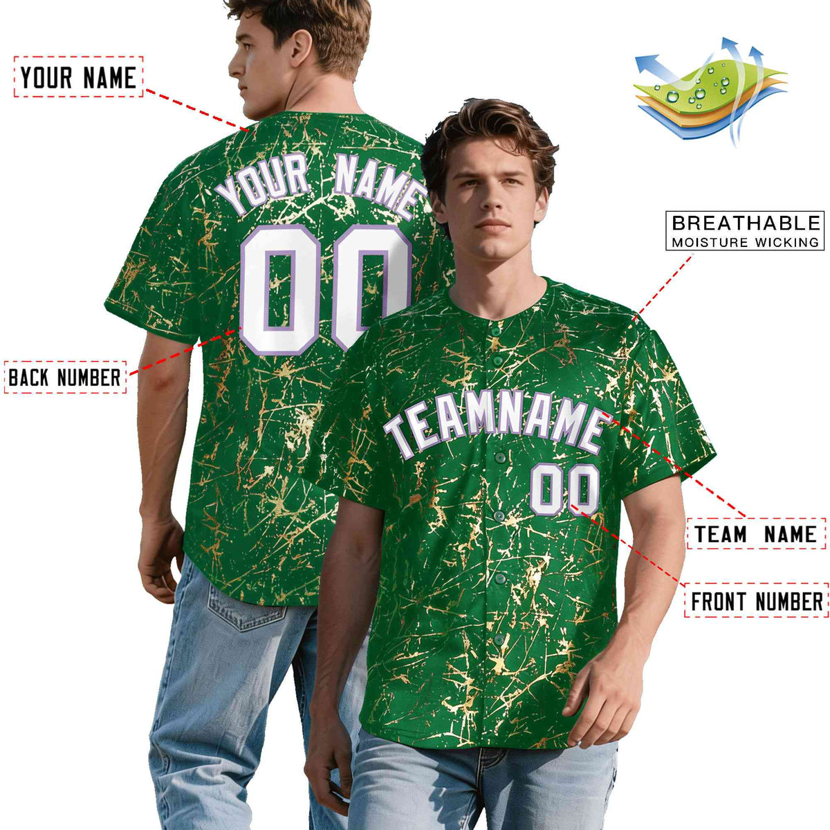 Custom Kelly Green White Black&amp;Shiny Gold Cracked Foil Breathable Mesh Streetwear Baseball Jersey