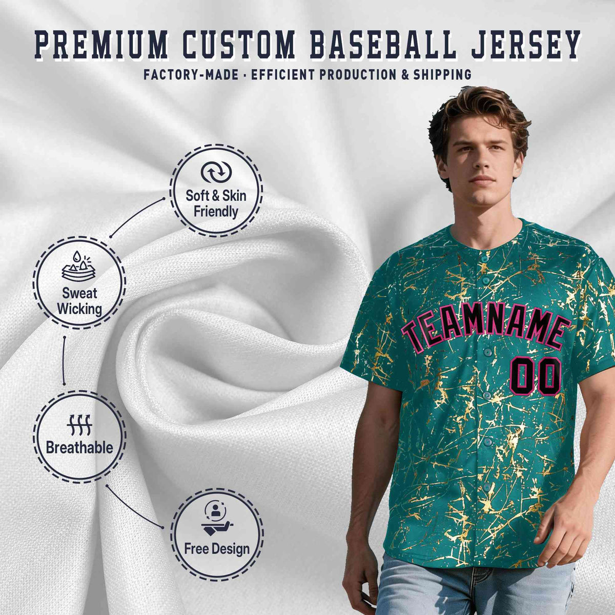 Custom Teal Black Metallic Gold Splatter Breathable&amp;Wrinkle-Resistant Baseball Jersey