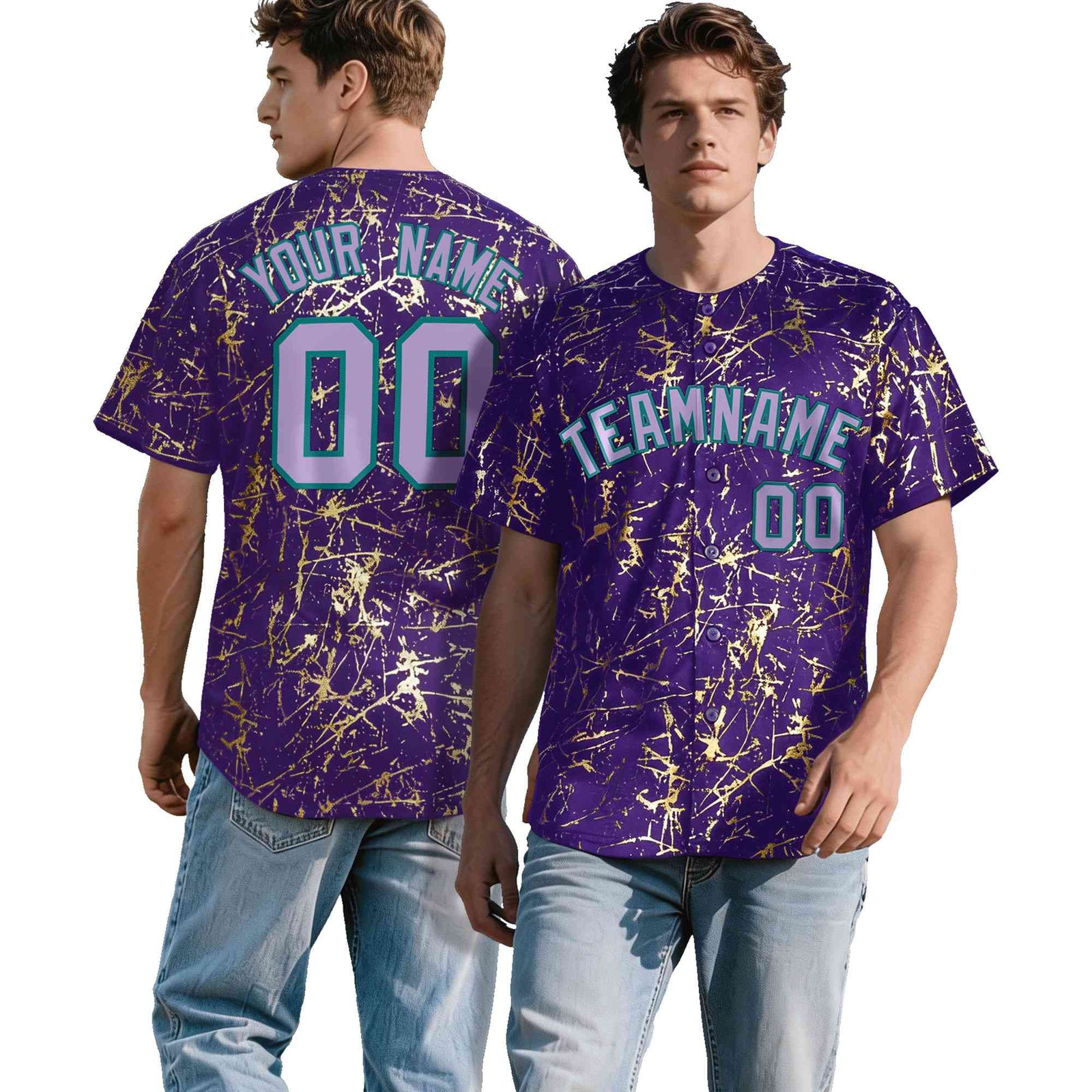 Custom Purple Light Purple Metallic Gold Splatter Breathable&Wrinkle-Resistant Baseball Jersey