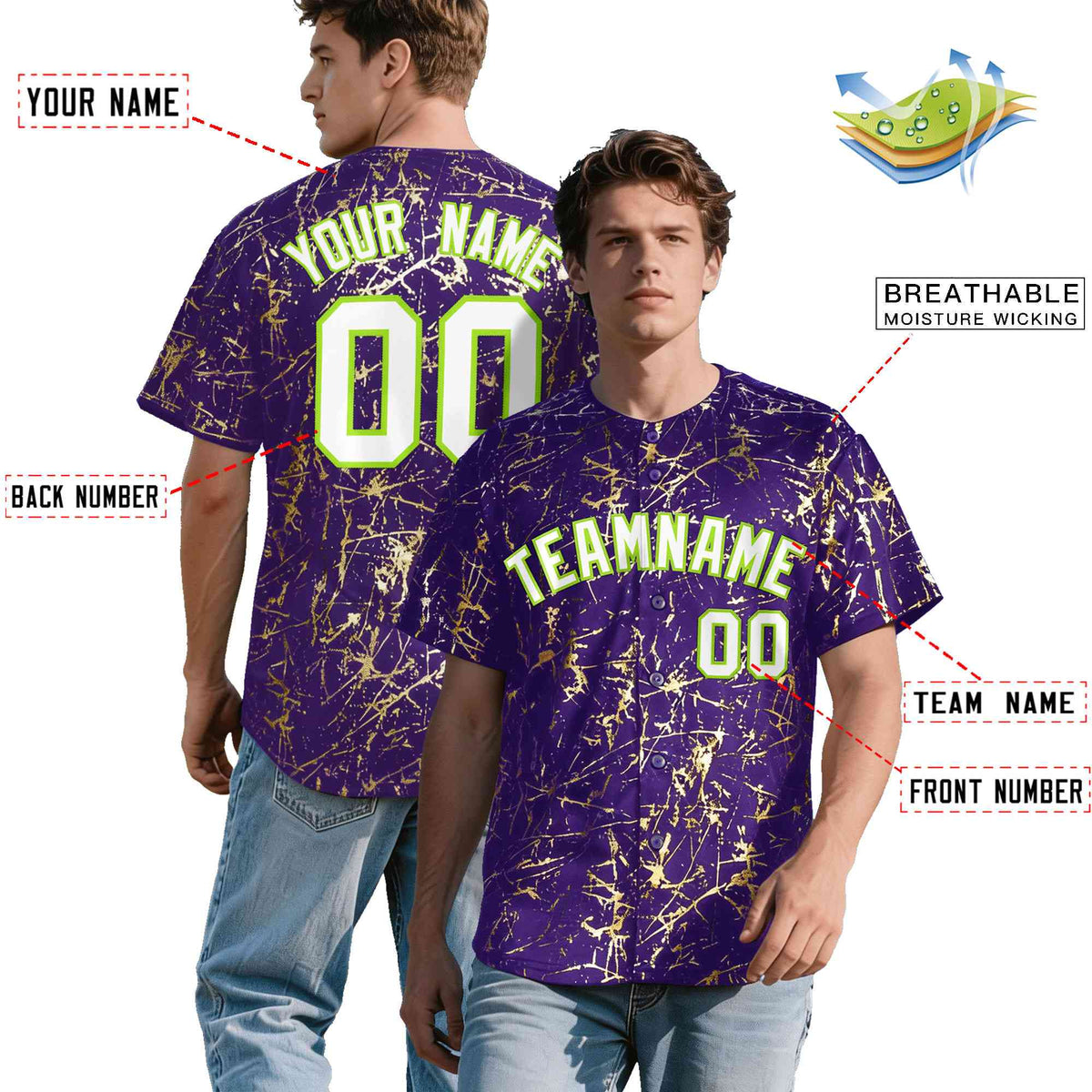 Custom Purple White Black&amp;Shiny Gold Cracked Foil Breathable Mesh Streetwear Baseball Jersey