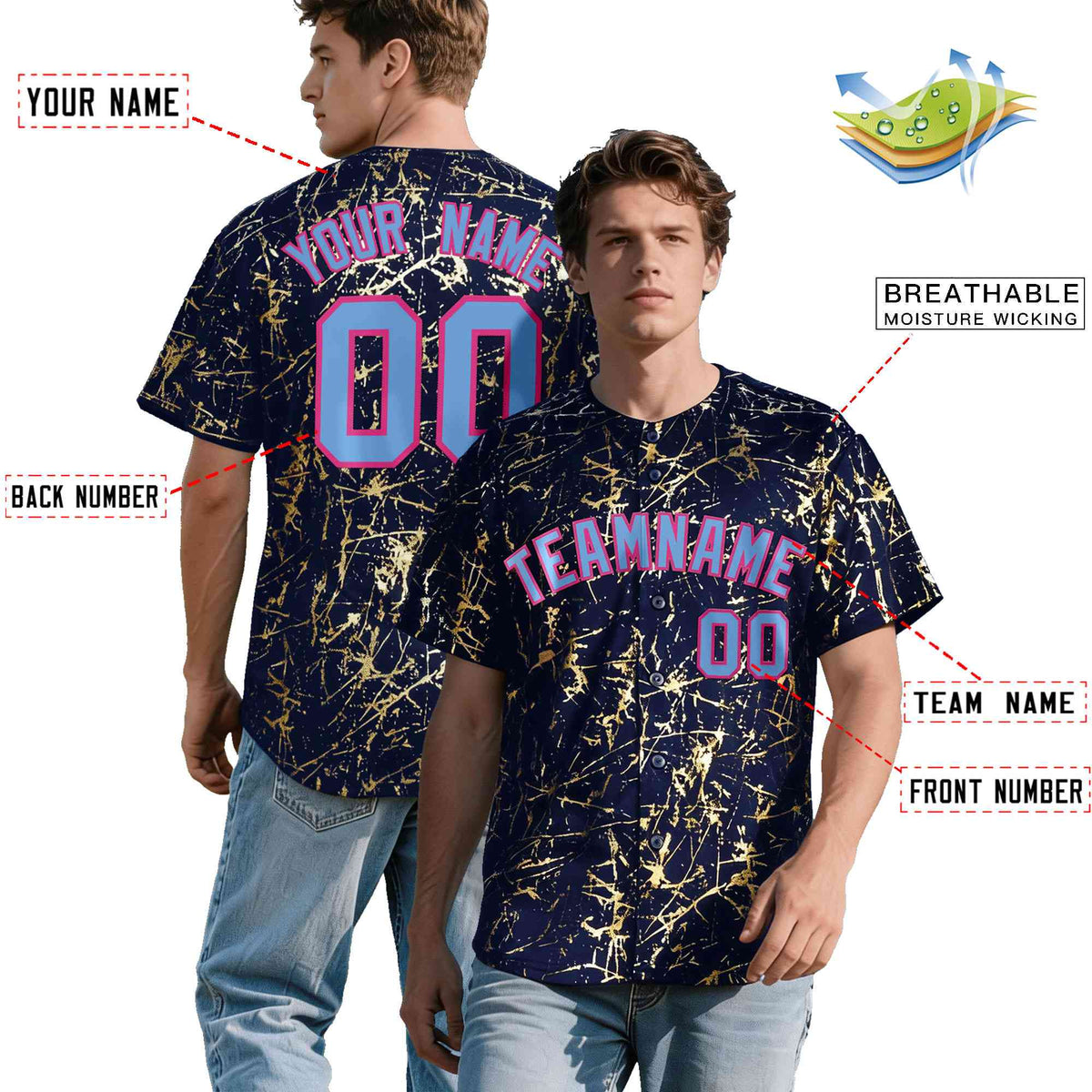 Custom Navy Powder Blue Black&amp;Gold Marble Print Clubwear Party Streetwear Baseball Jersey