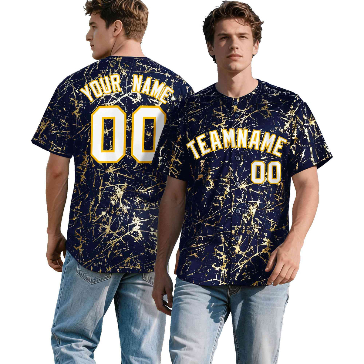 Custom Navy White Black&amp;Shiny Gold Cracked Foil Breathable Mesh Streetwear Baseball Jersey