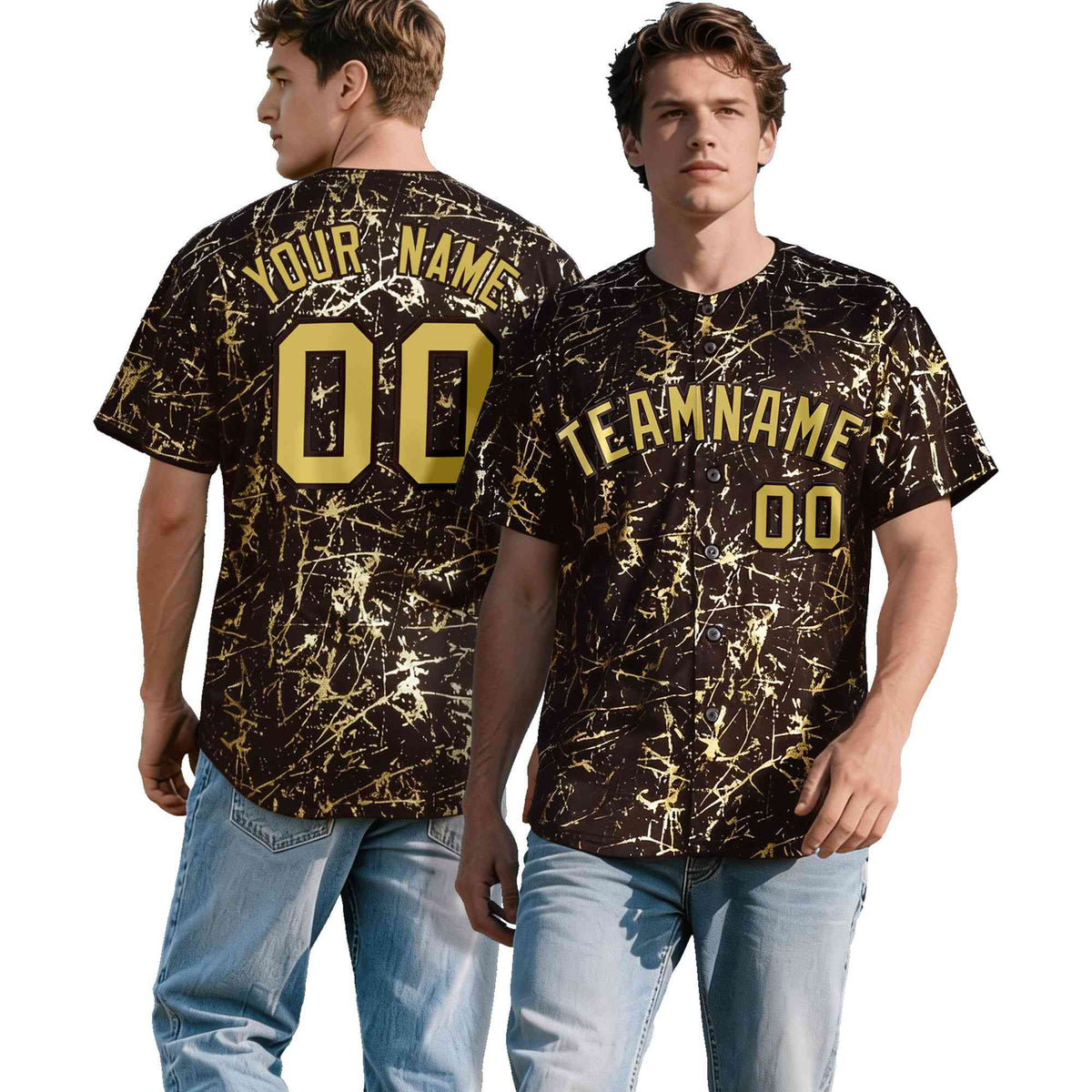 Custom Brown Old Gold Black&amp;Shiny Gold Cracked Foil Hip Hop Button Down Baseball Jersey