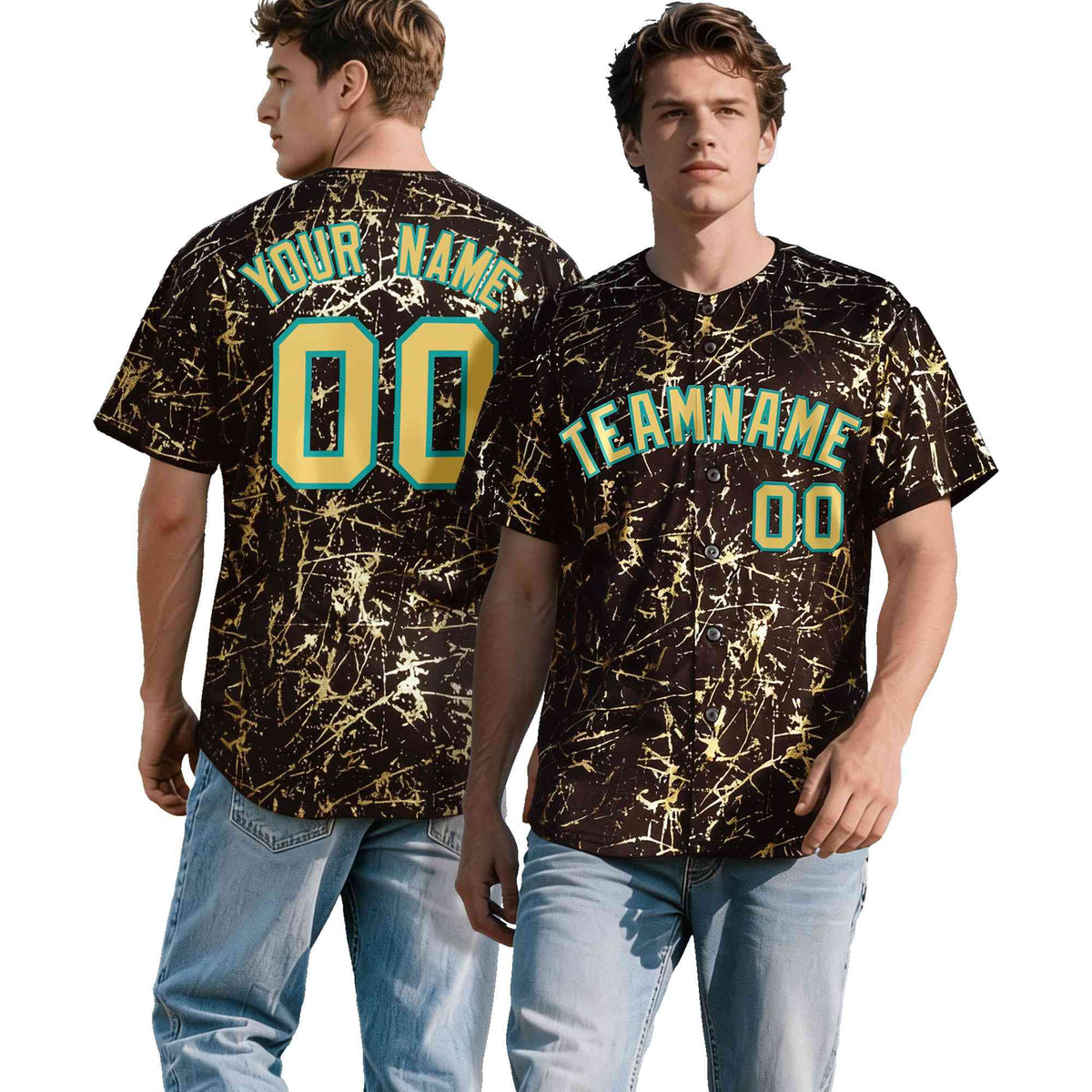 Custom Brown Khaki Black&amp;Gold Marble Print Clubwear Party Streetwear Baseball Jersey