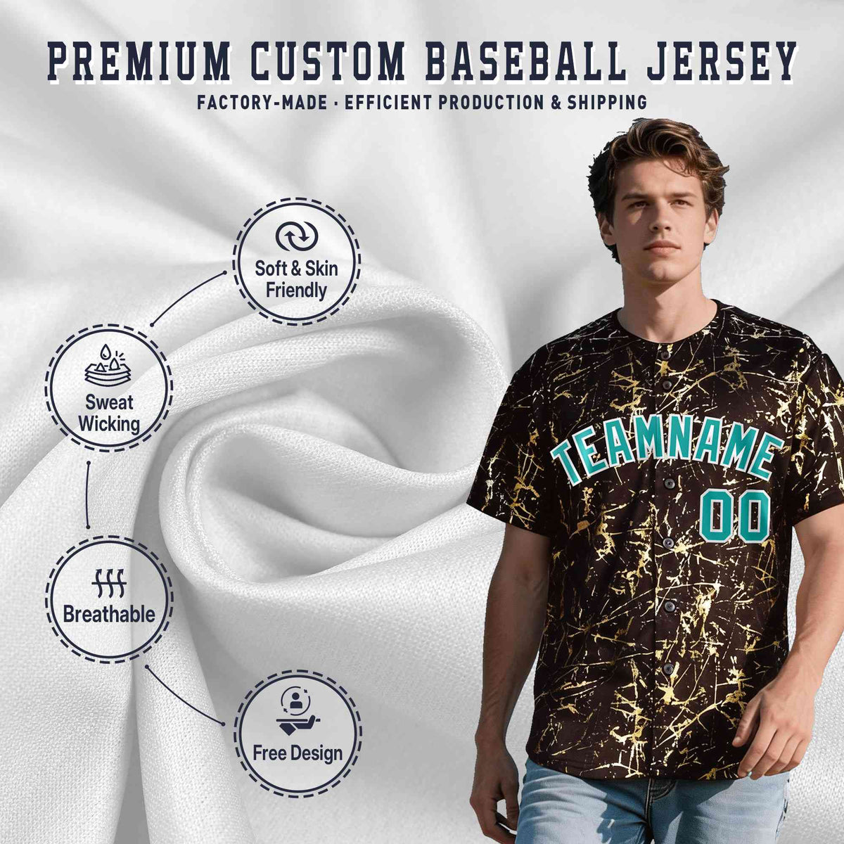 Custom Brown Aqua Metallic Gold Splatter Urban Streetwear Baseball Jersey