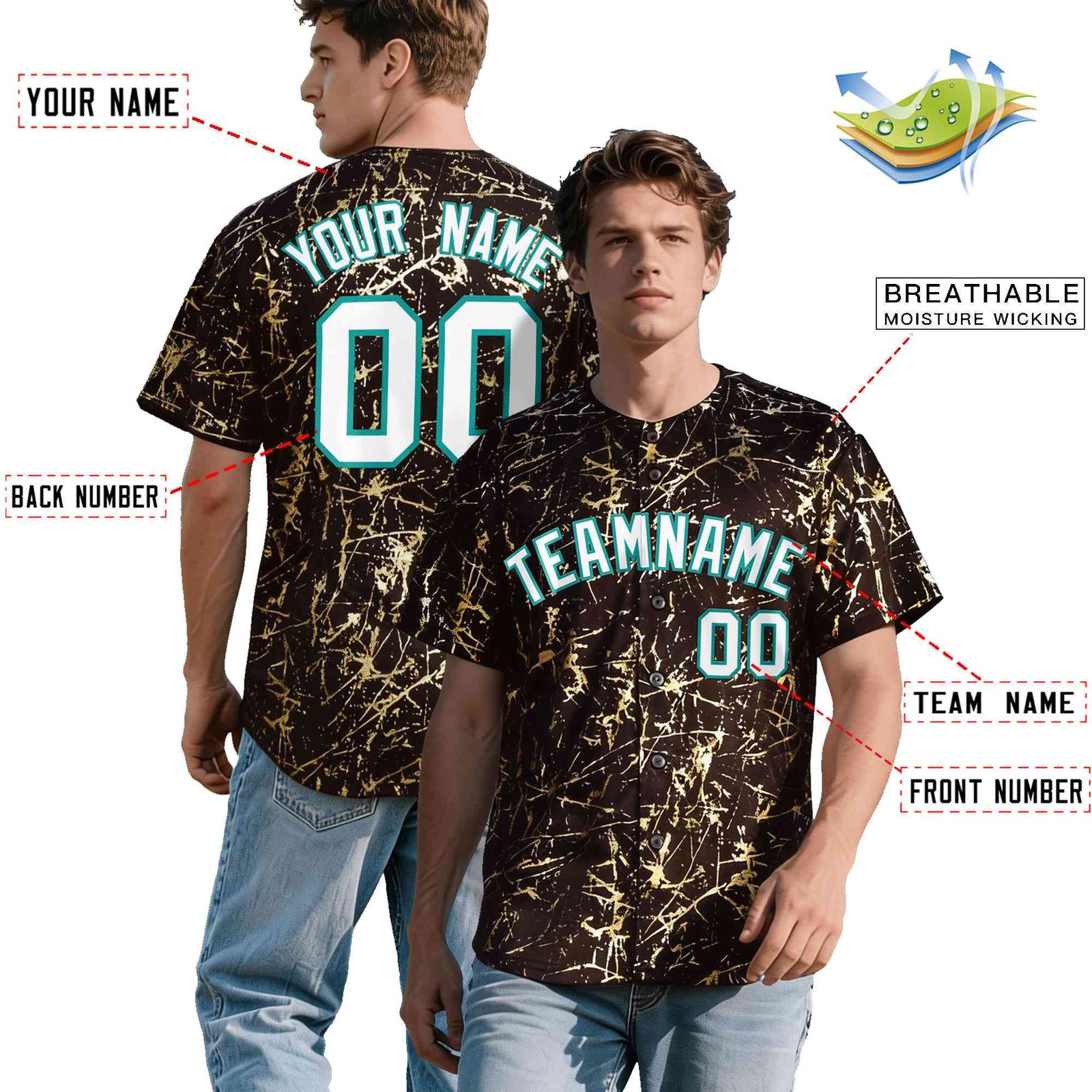 Custom Brown White Black&Shiny Gold Cracked Foil Breathable Mesh Streetwear Baseball Jersey