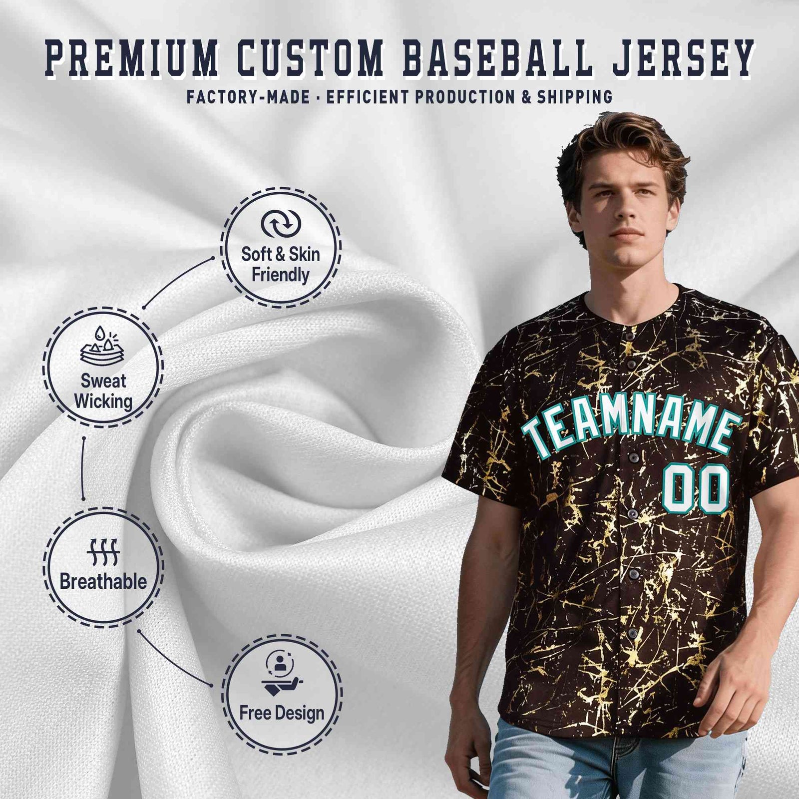 Custom Brown White Black&Shiny Gold Cracked Foil Breathable Mesh Streetwear Baseball Jersey